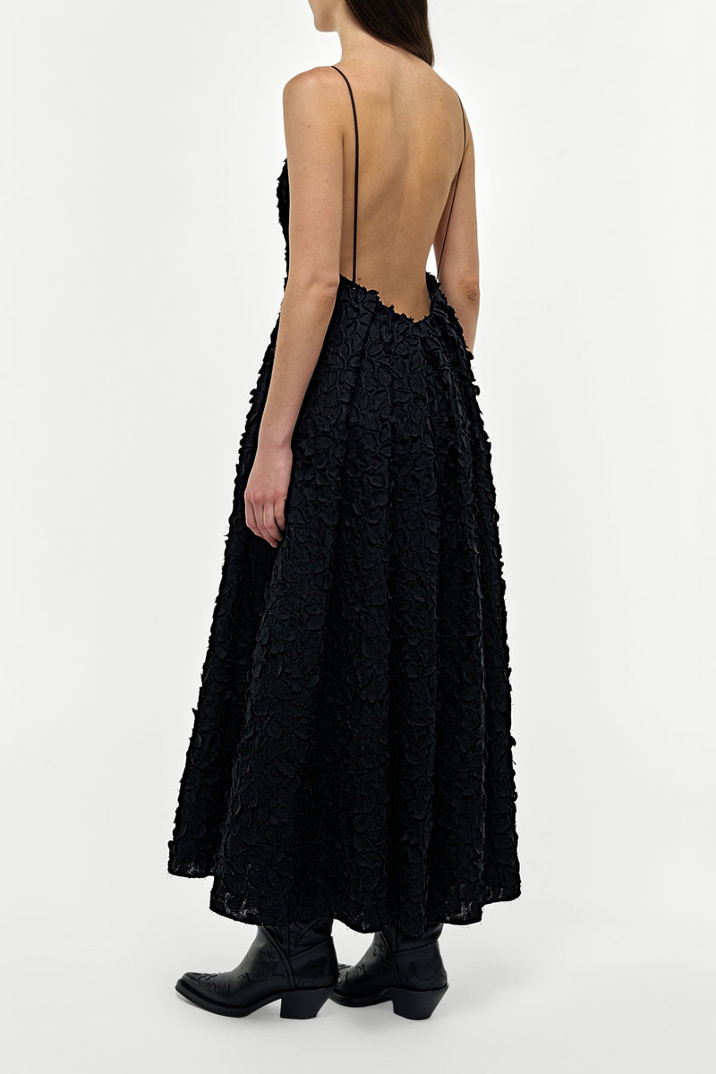 Nexus Embroidered Leaves Maxi Dress in Black Linen 5