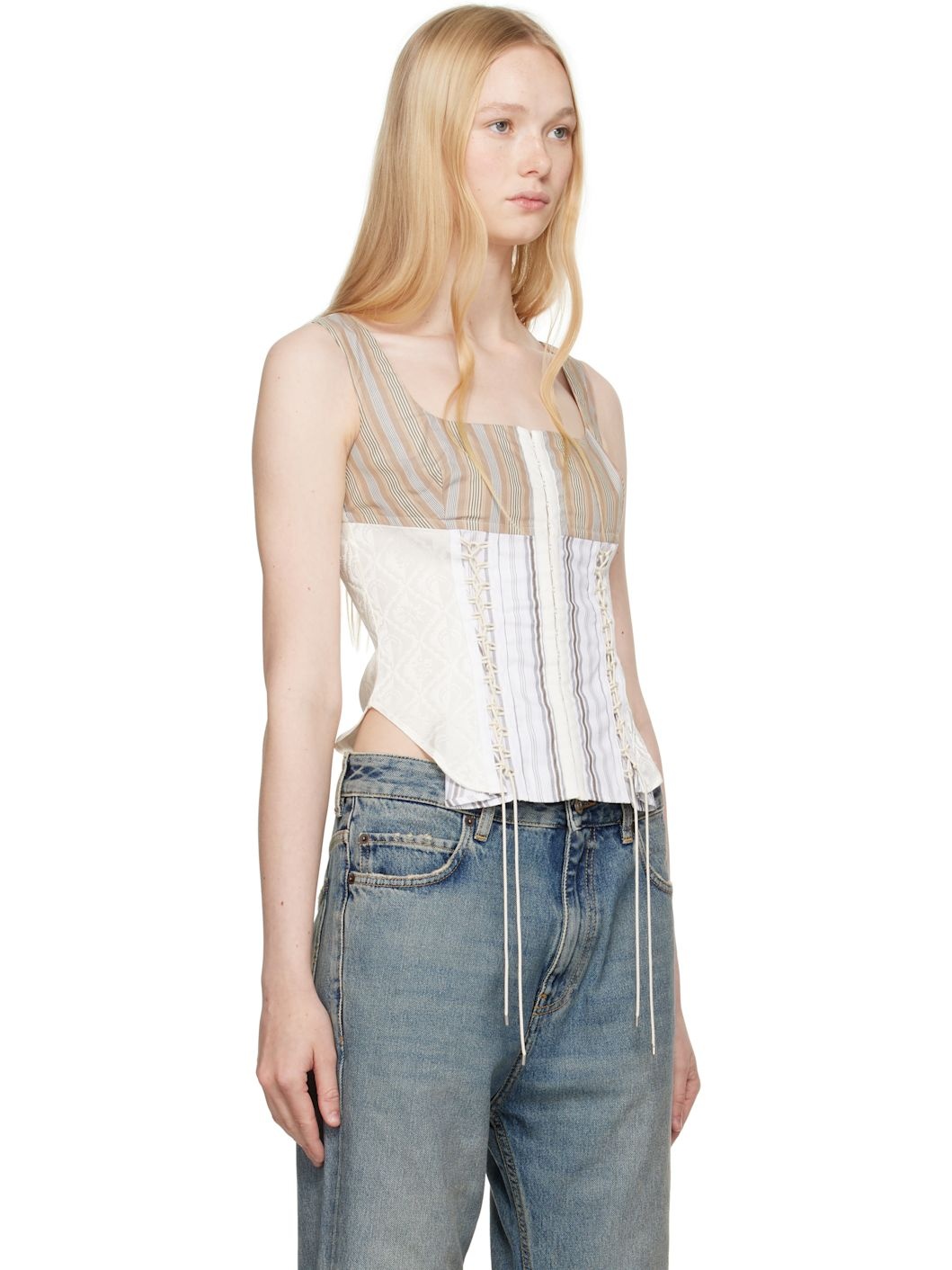 Beige Regenerated Striped Poplin Bustier Top - 2