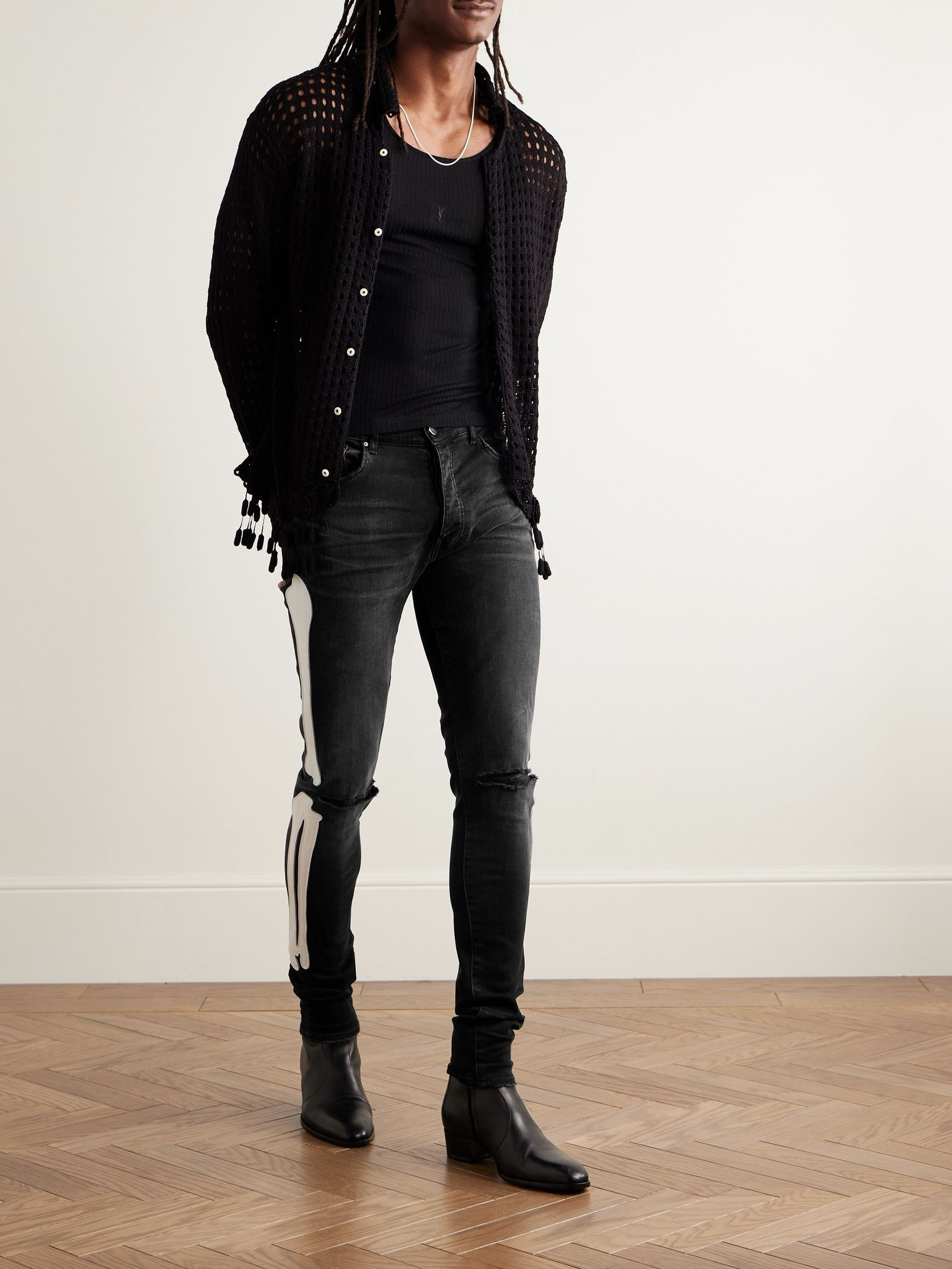 Bones Skinny-Fit Appliquéd Distressed Jeans Black - 2
