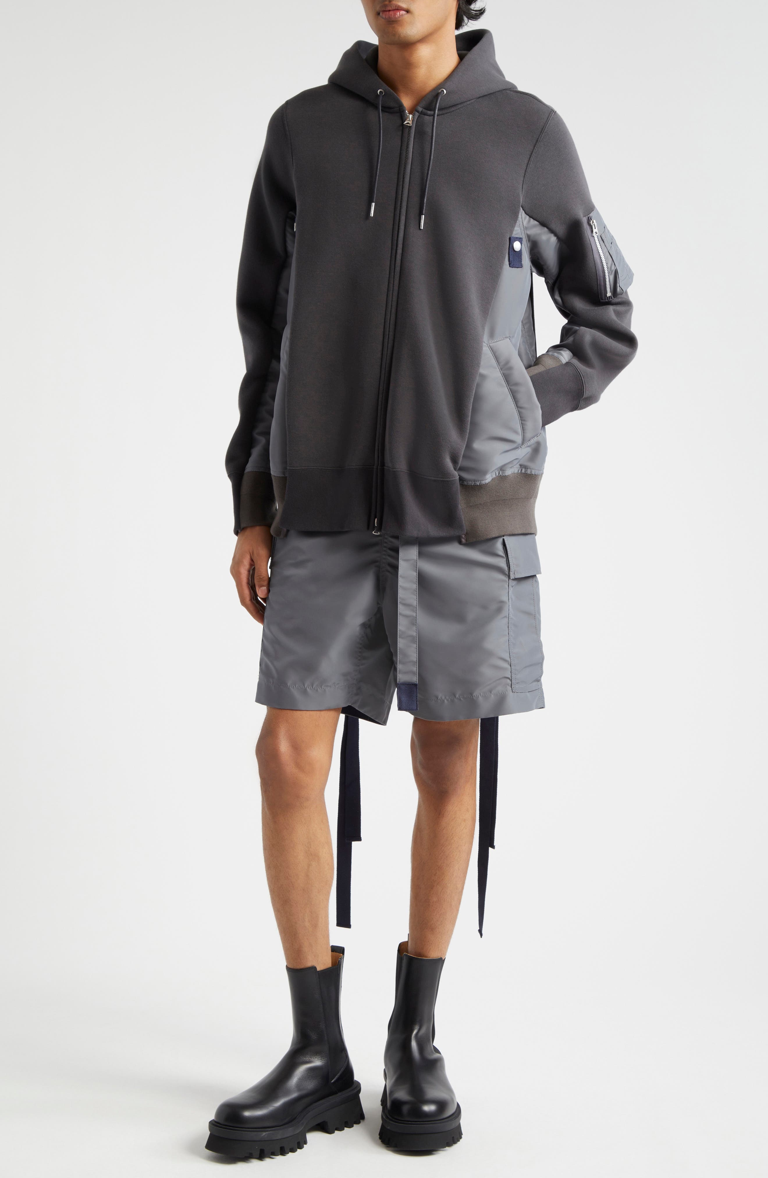 Sacai Sponge Sweat Mixed Media Zip Hoodie in C/Grayc/Gray 339 at Nordstrom - 2
