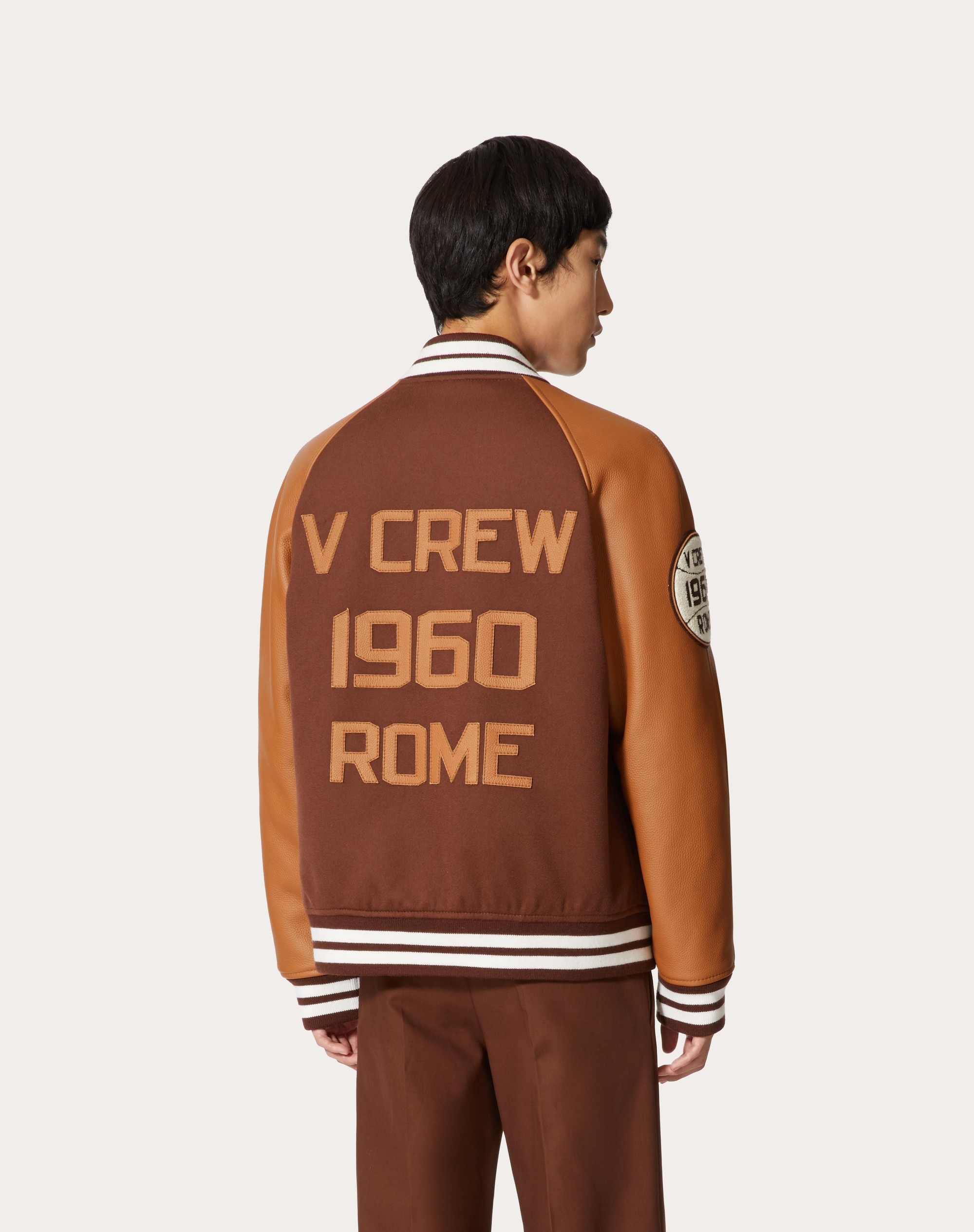 WOOL CLOTH BOMBER JACKET WITH LEATHER SLEEVES AND EMBROIDERED PATCHES - 4