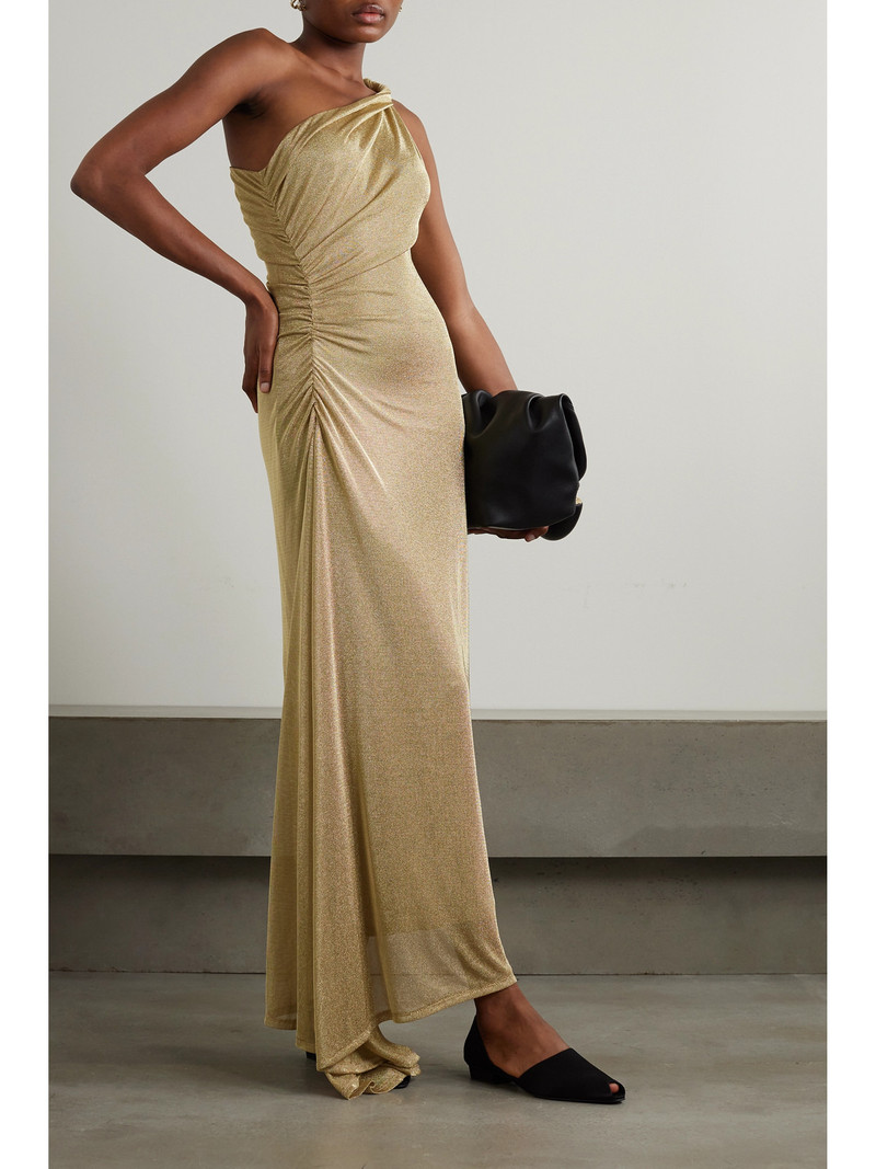 TOVE Vivien One-shoulder Ruched Metallic Knitted Maxi Dress outlook