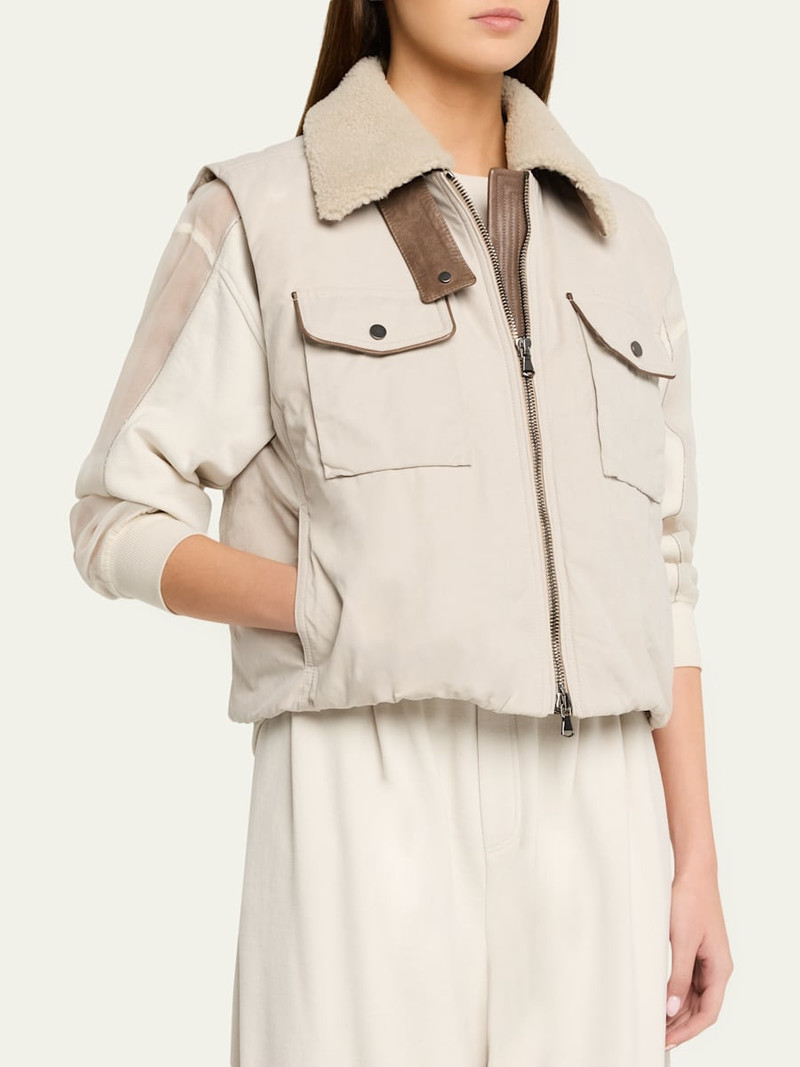 Lamb Shearling Collar Techno Satin Padded Vest 4