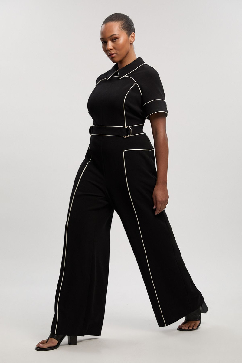 Plus Size Compact Stretch Contrast Tipped Tab Detail Tailored Jumpsuit 4