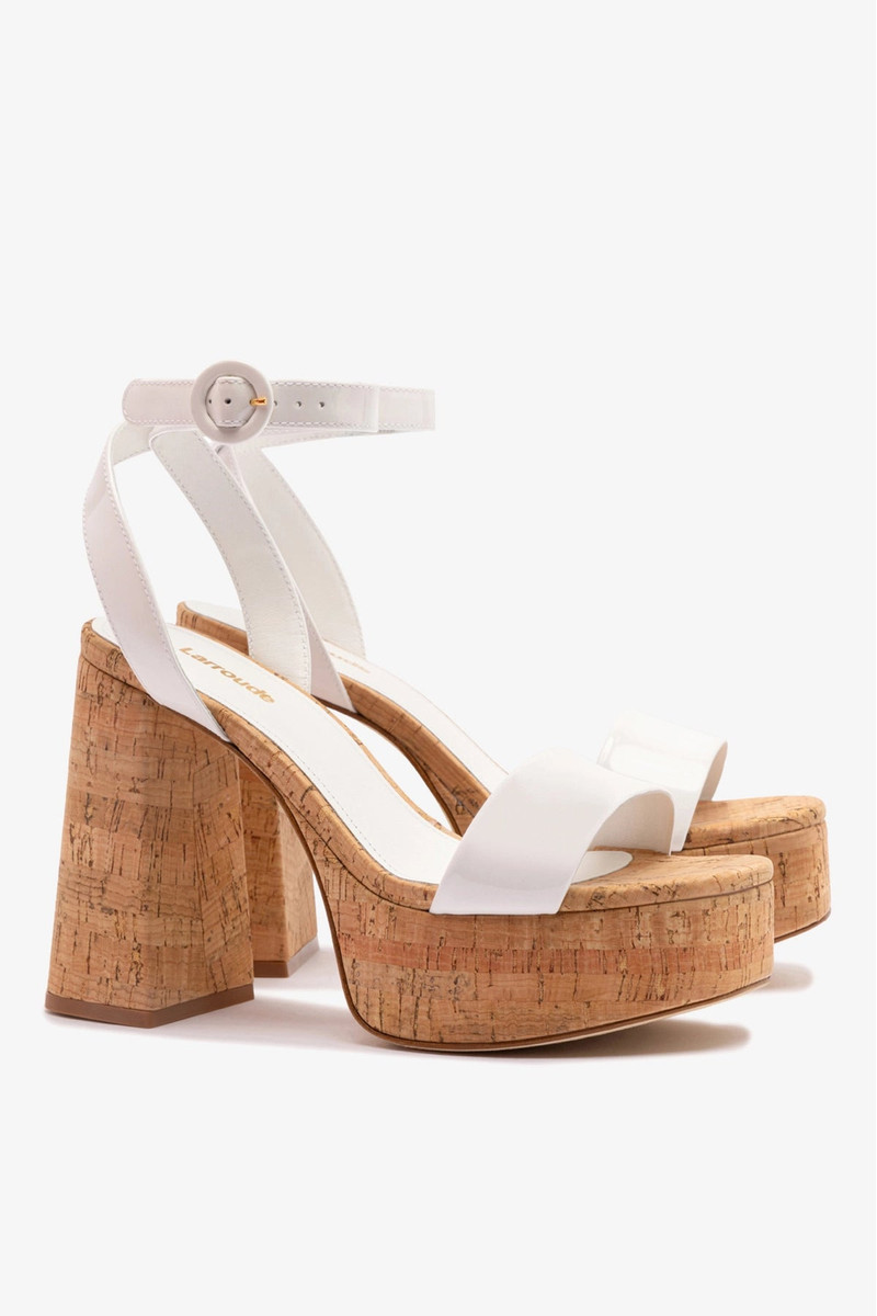 Larroudé Dolly Sandal In White Patent Leather and Natural Cork outlook