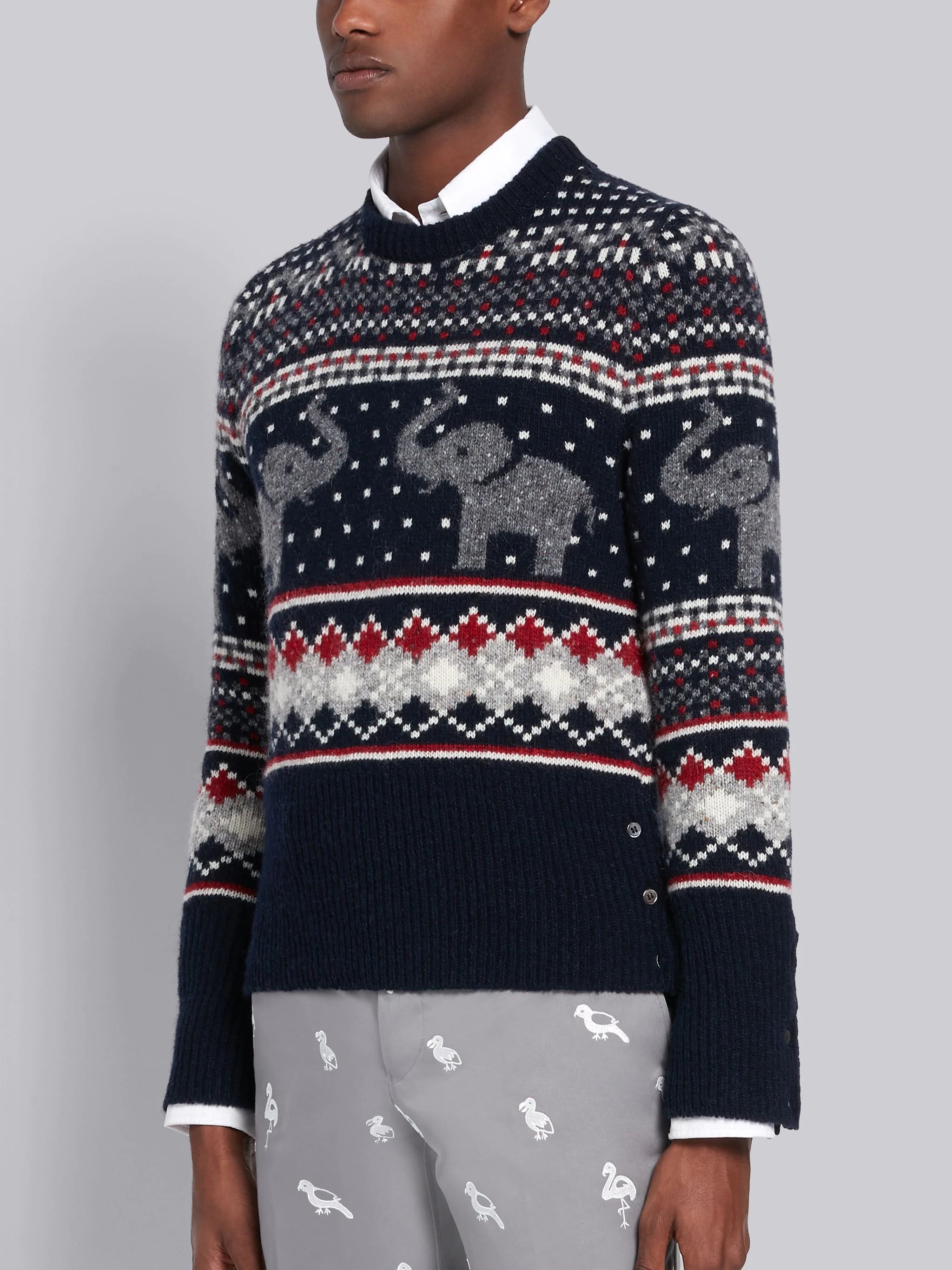 Tricolor Mohair Wool Elephant Icon Fair Isle Crewneck Pullover - 3