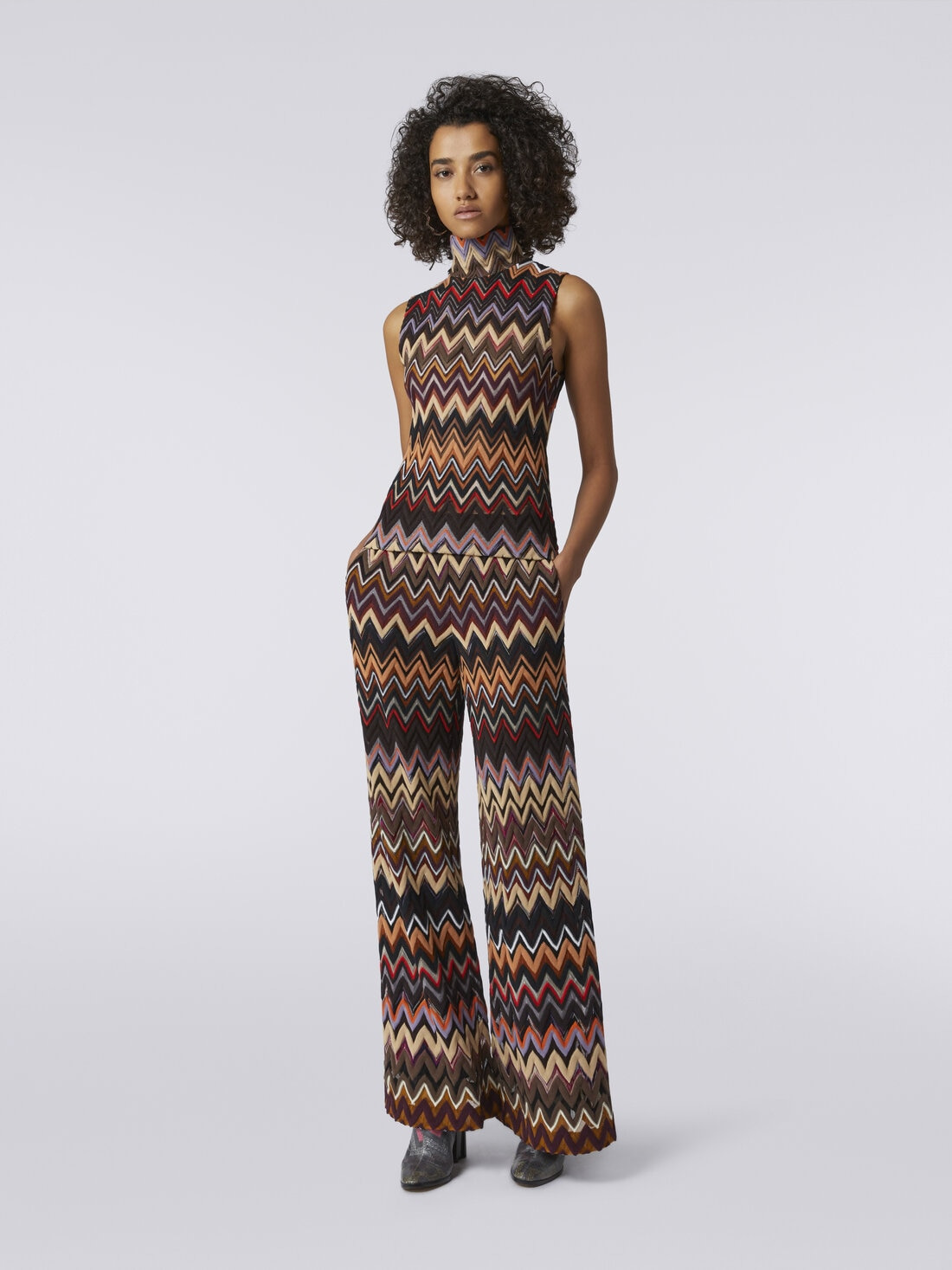 Wool and viscose high-neck tank top with zigzag weave - 2