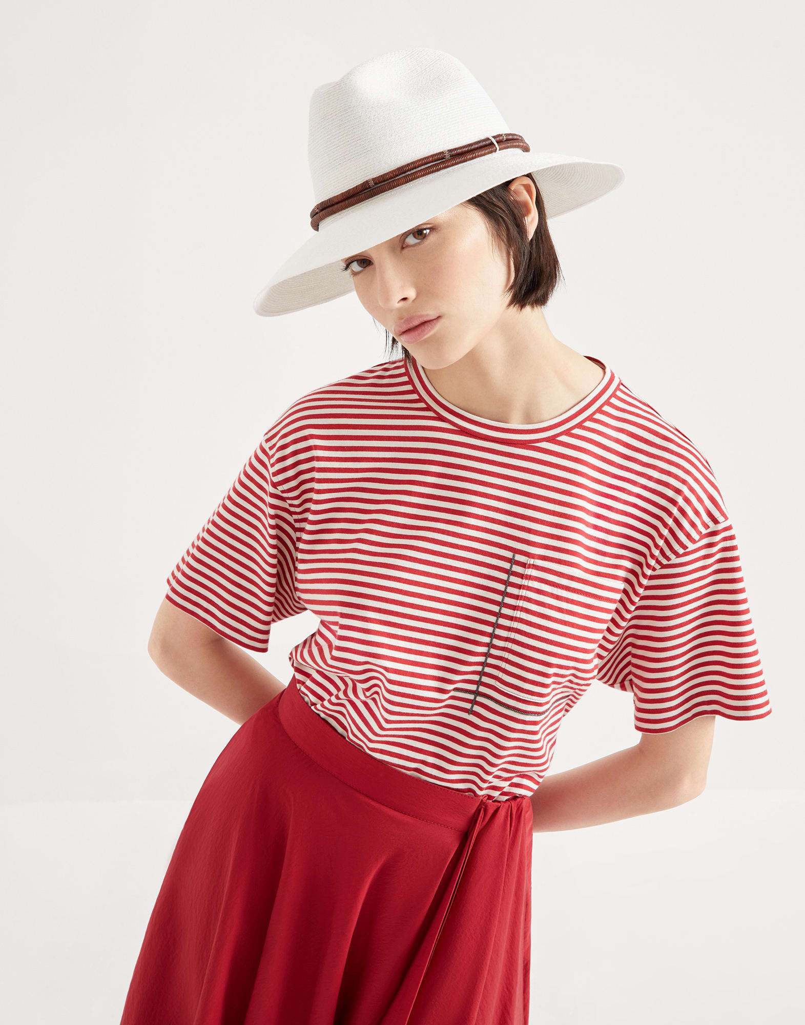 Cotton striped jersey cropped t-shirt with shiny pocket detail - 4