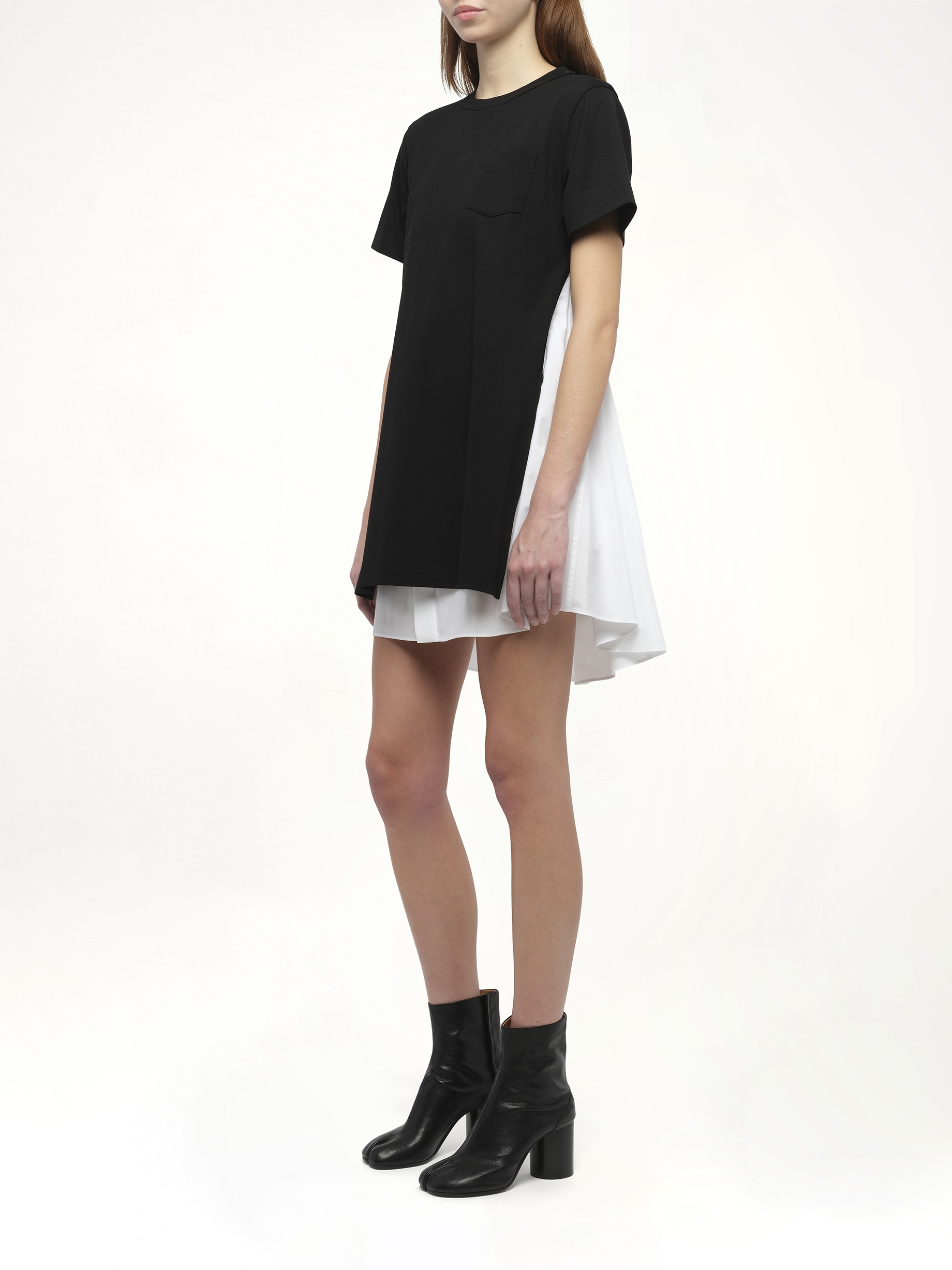 Poplin x Cotton Jersey Dress in Black/Off White - 4