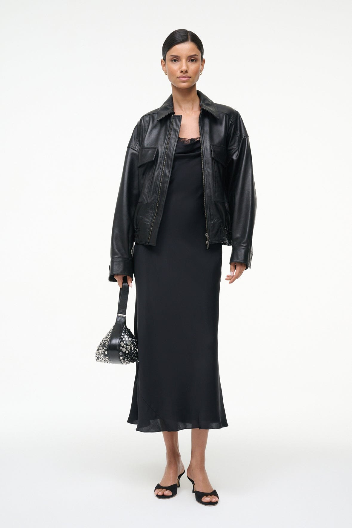 STAUD EVANGELINE SILK MIDI DRESS BLACK - 8