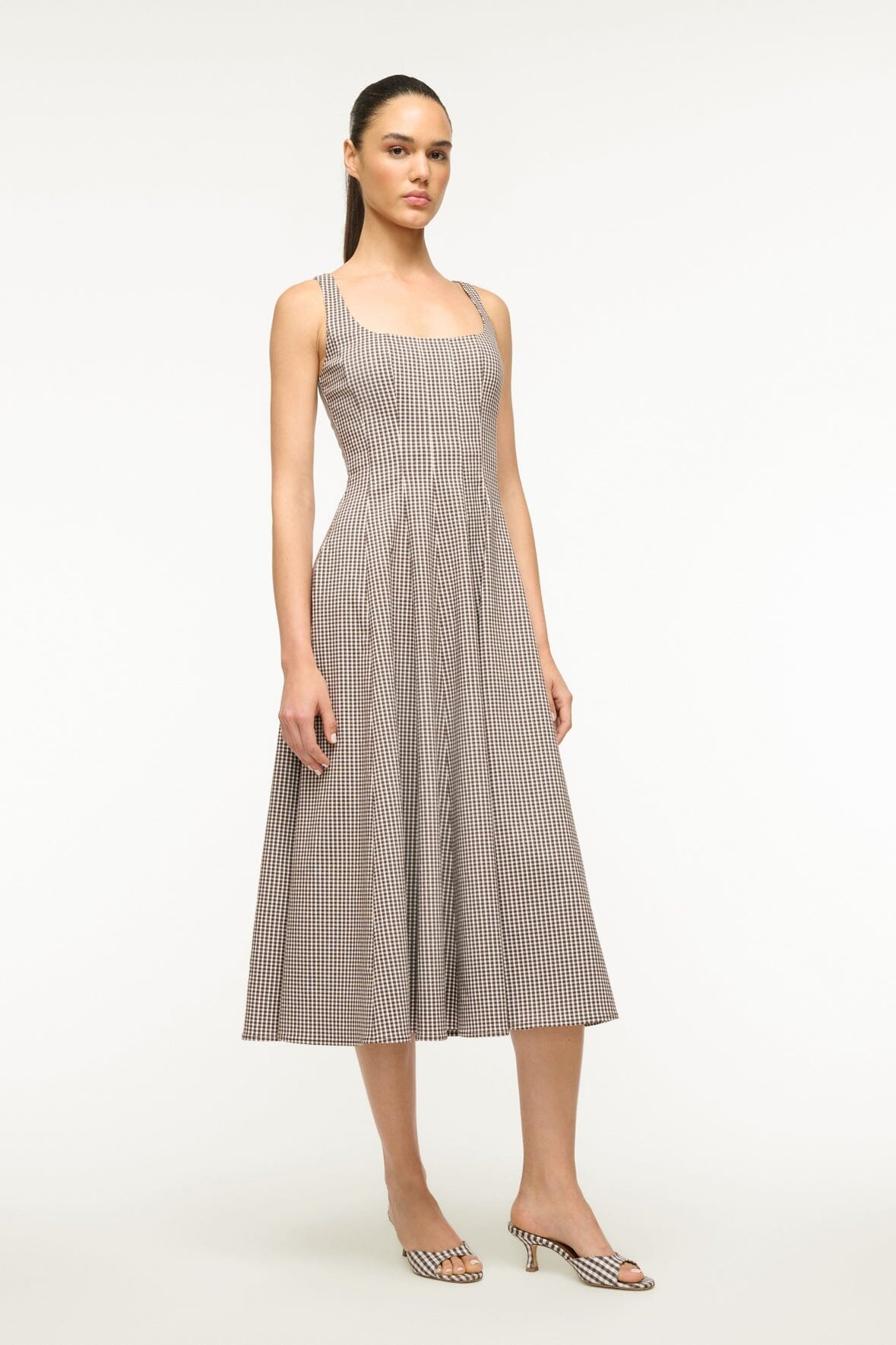 STAUD WELLS DRESS DARK CHOCOLATE MICRO CHECK - 4