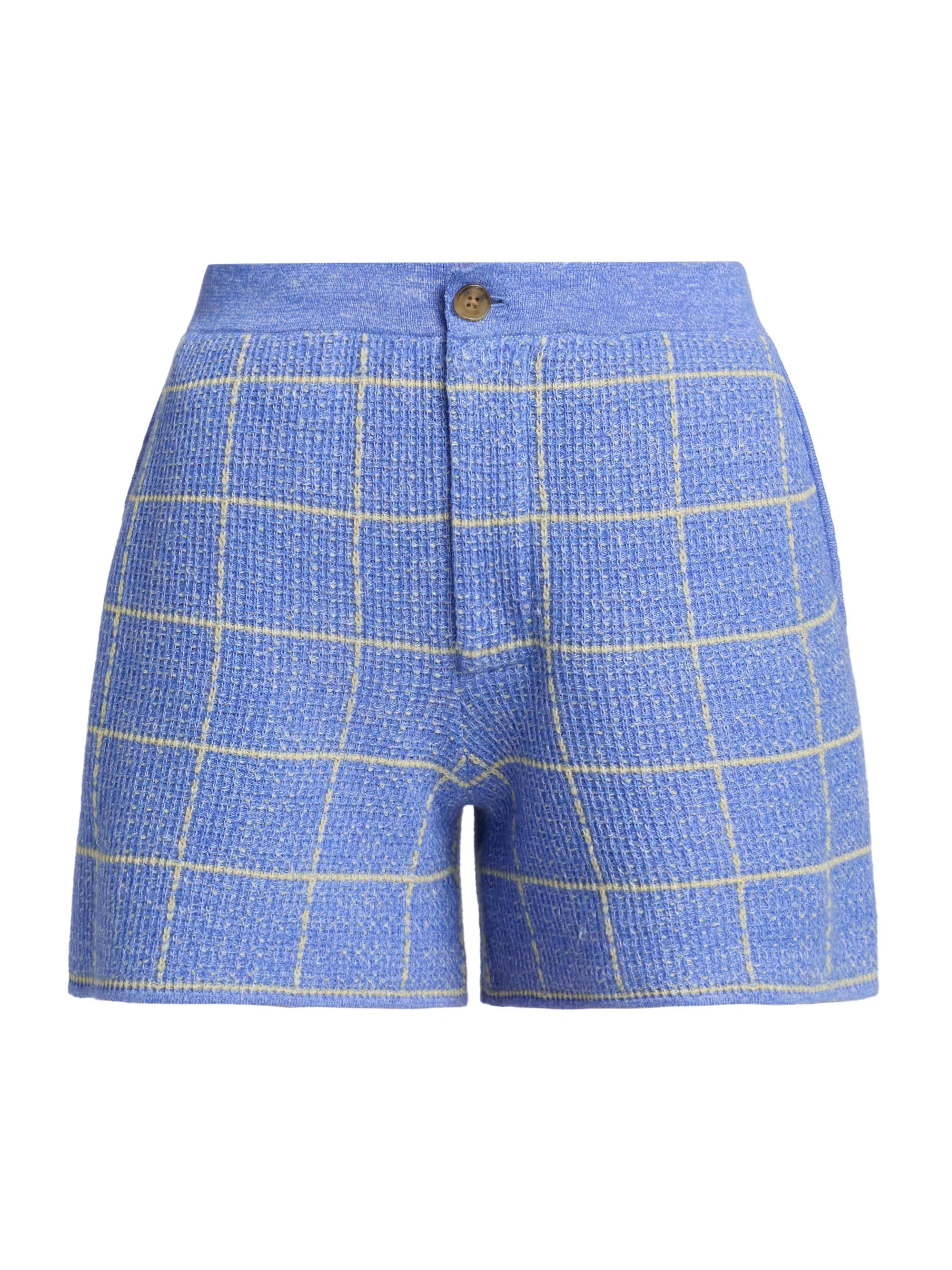 Women's Windowpane Check Cashmere-Linen Shorts - Delft Blue Butter - 1