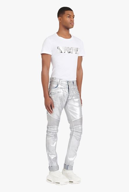 Embossed silvery cotton slim jeans with Balmain-monogrammed hem - 6