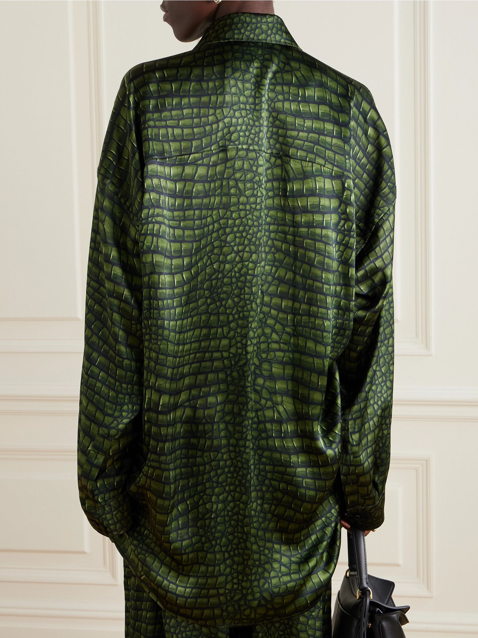 Cocoon oversized printed silk-satin shirt Green - 3