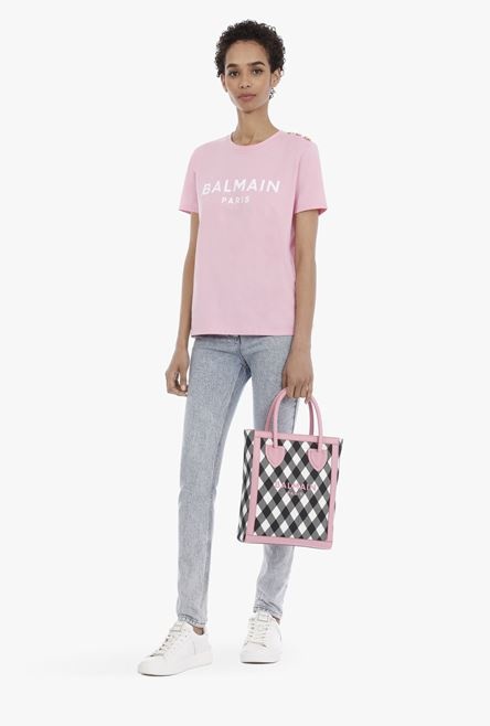 Pink cotton T-shirt with flocked white Balmain logo - 2