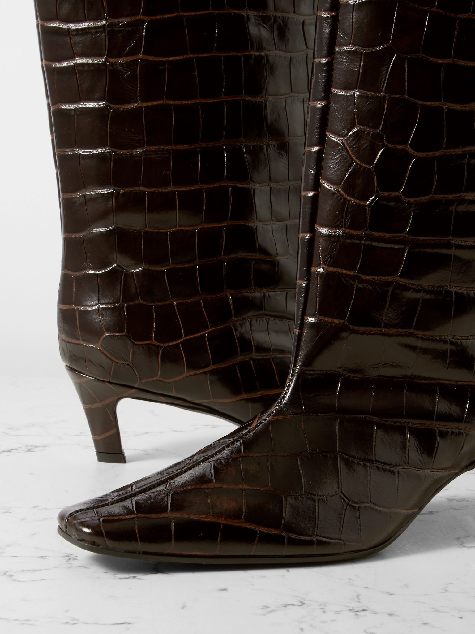 Croc-effect leather knee boots Chocolate - 4