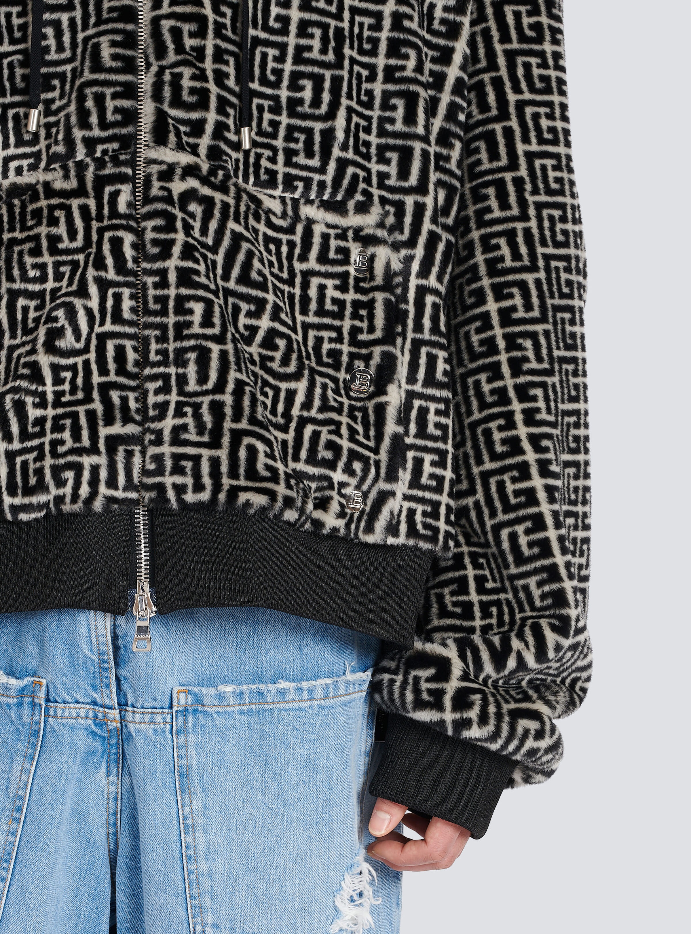 Hooded faux fur sweatshirt with Balmain monogram - 7