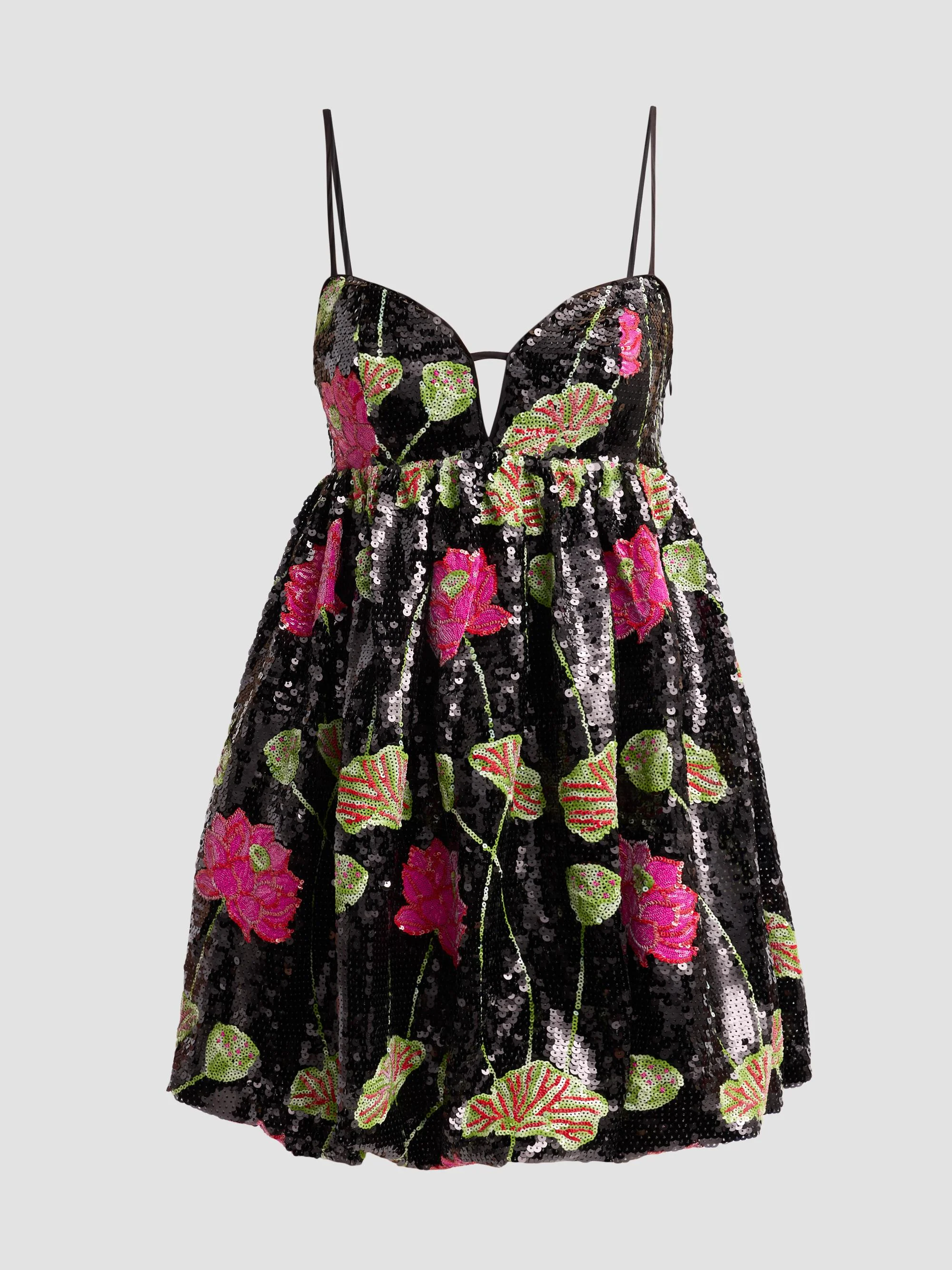 Women's Floral Sequin-Embellished Balloon Mini Dress - Black - 1