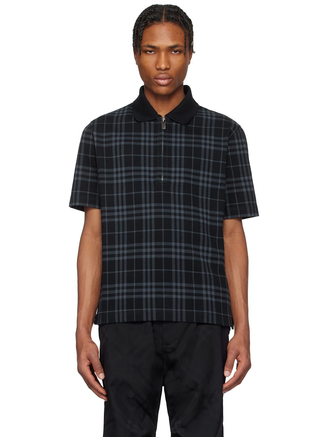 Navy Check Stretch Cotton Blend Polo - 1