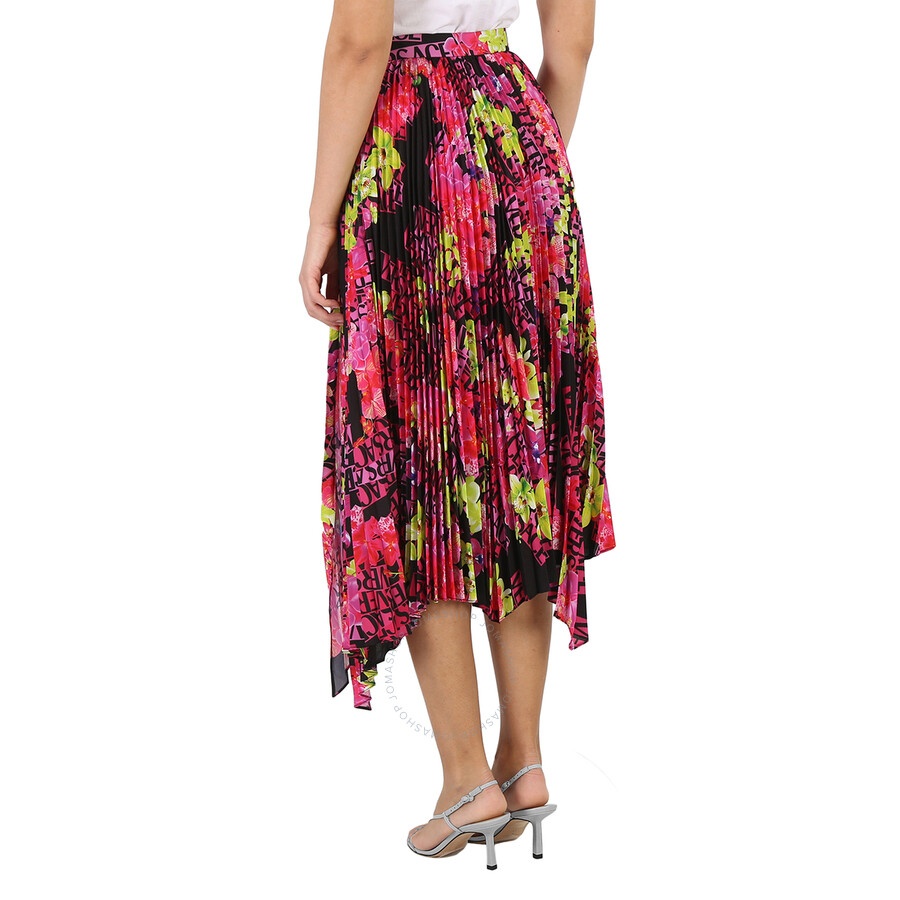 Versace Orchid Print Pleated Crepe De Chine Midi Skirt - 6