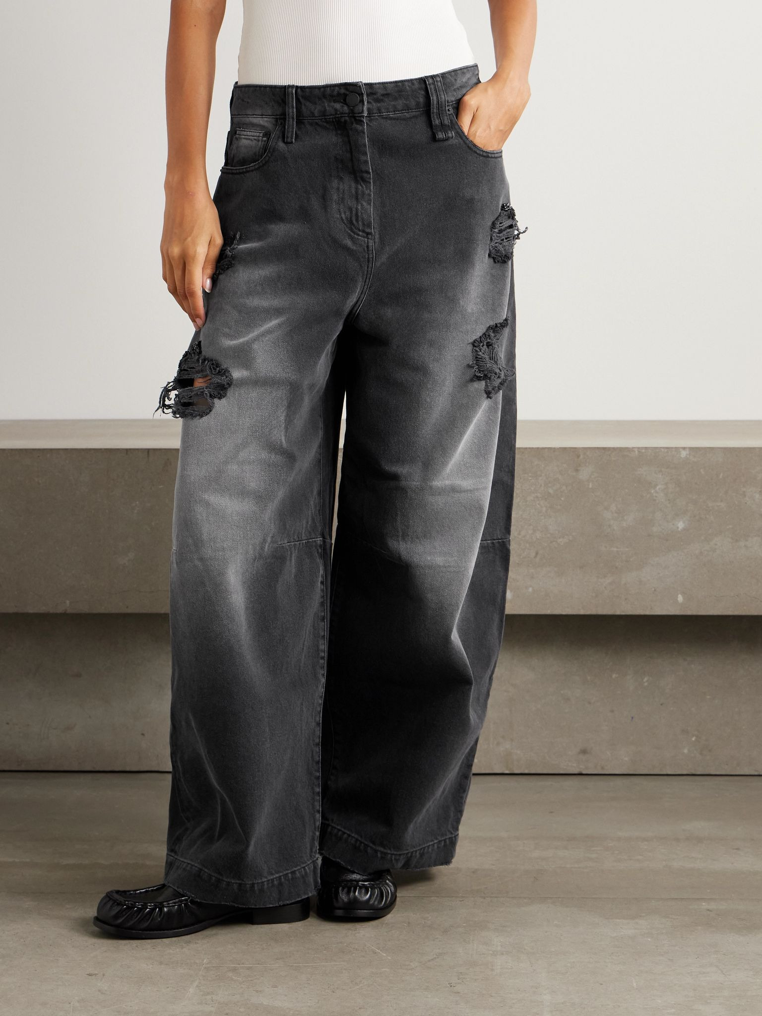 Crystal-embellished distressed wide-leg jeans Black - 3