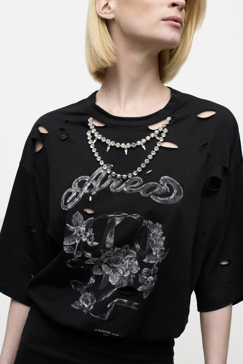 DISTRESSED CRYSTAL EMBELLISHED GRAPHIC T-SHIRT MINI DRESS 5