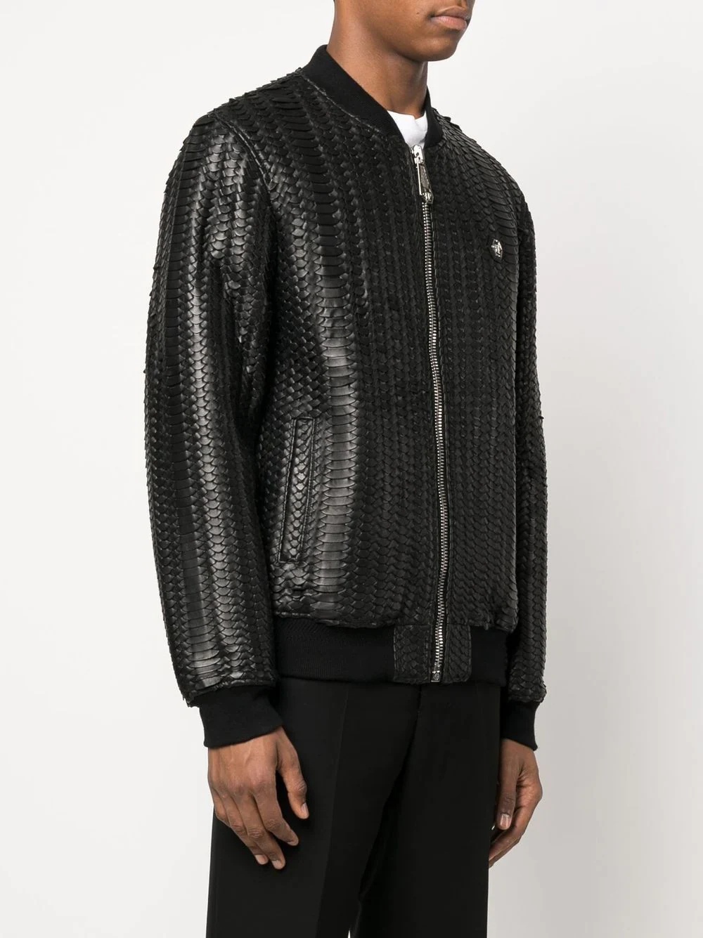 woven leather bomber jacket - 3