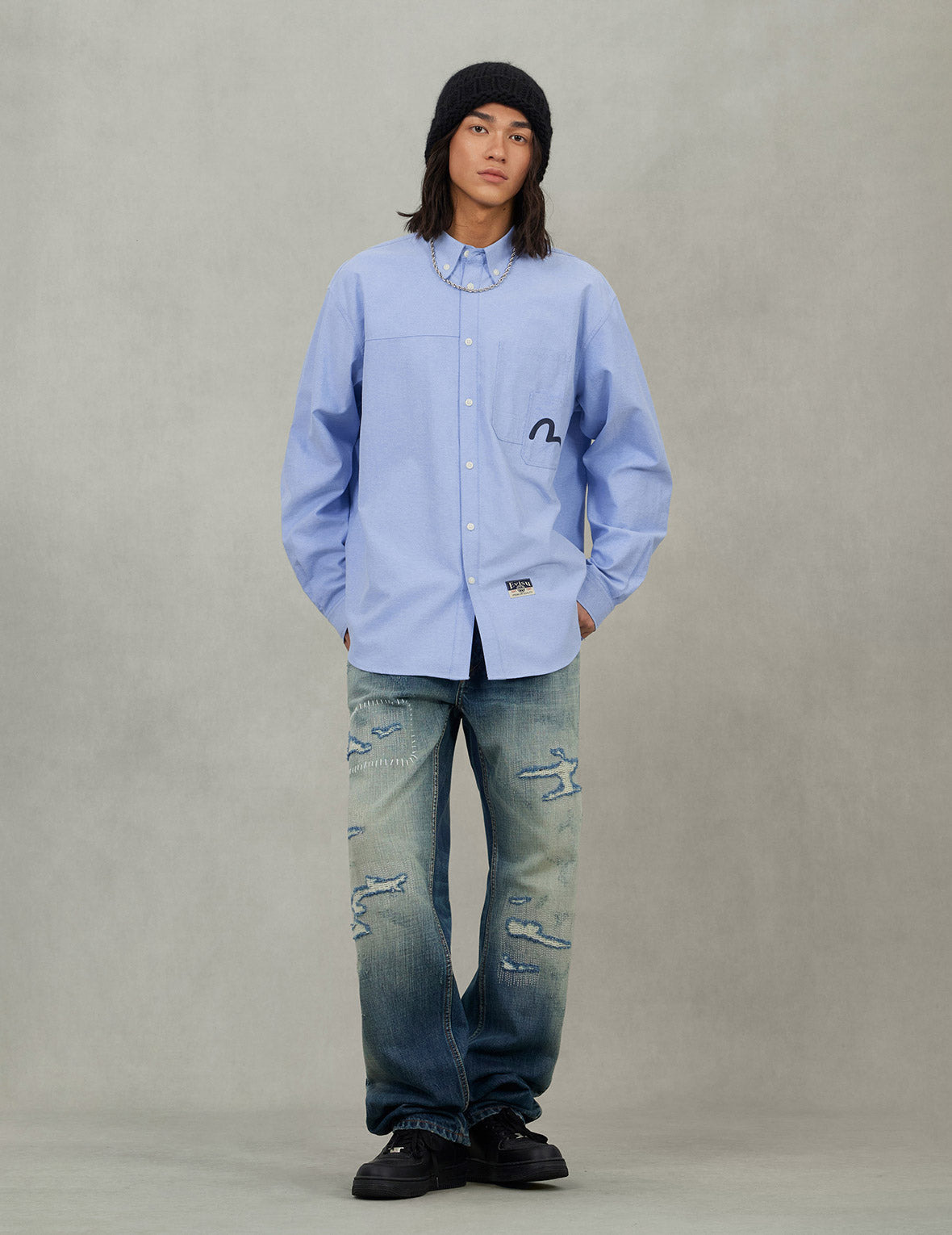 Logo Sashiko and Seagull Print Relax Fit Long-sleeve Shirt - 7