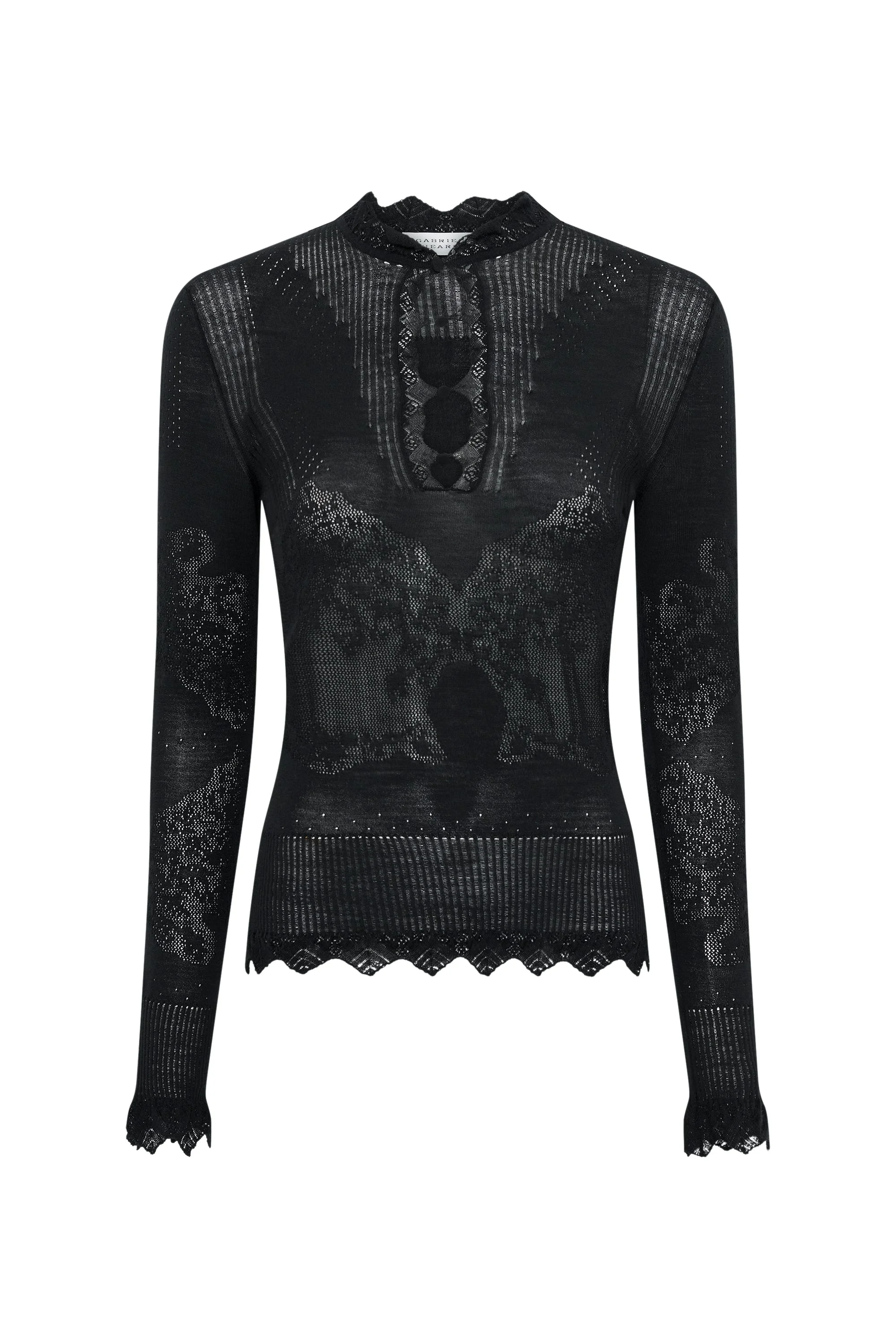 Severn Pointelle Knit Lace Henley in Black Merino Wool - 1