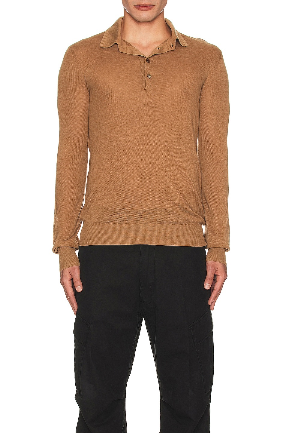 Piquet Long Sleeve Polo In Camel - 3