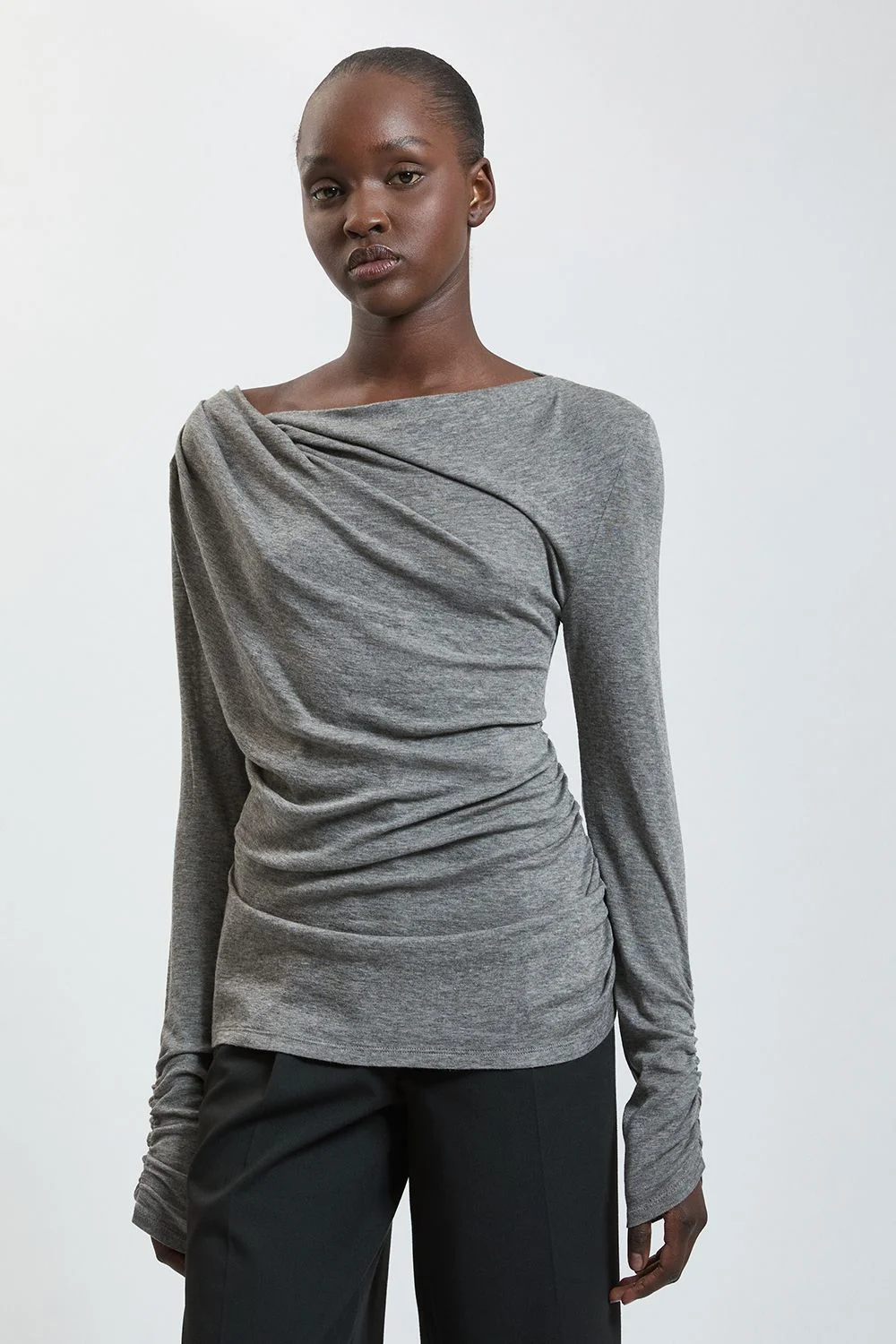 Wool Blend Funnel Neck Ruche Jersey Top - 1