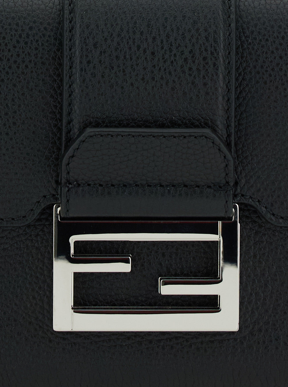 Fendi Men 'Baguette Double' Black Crossbody Bag With Ff Plaque On The Front In Hammered Leather Woma - 5