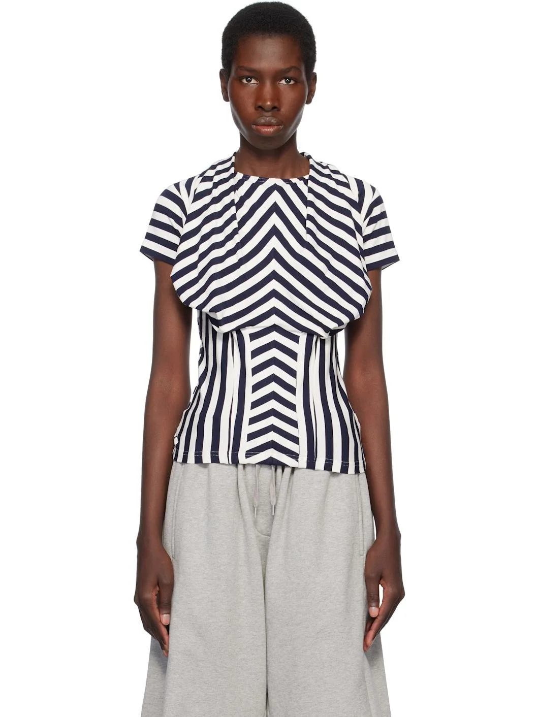 Navy & White Stripe Bra Draping Jersey T-shirt - 1