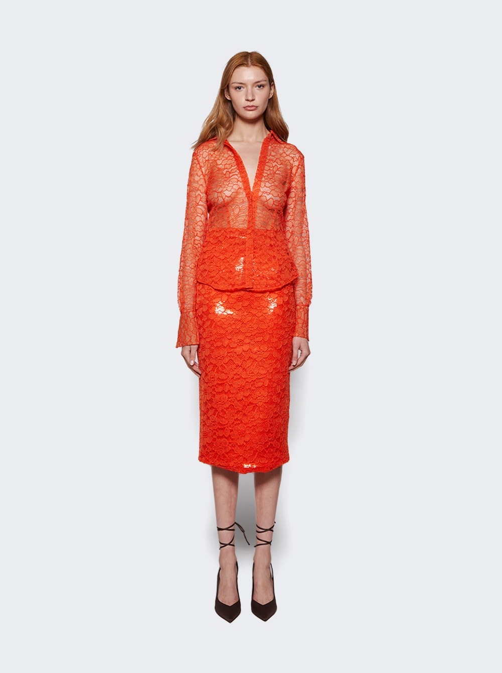 Sequin Lace Pencil Midi Skirt Orange - 2