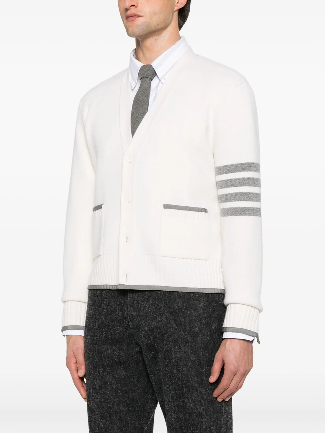 Milano Stitch Merino Wool 4-Bar V Neck Cardigan Men - 3