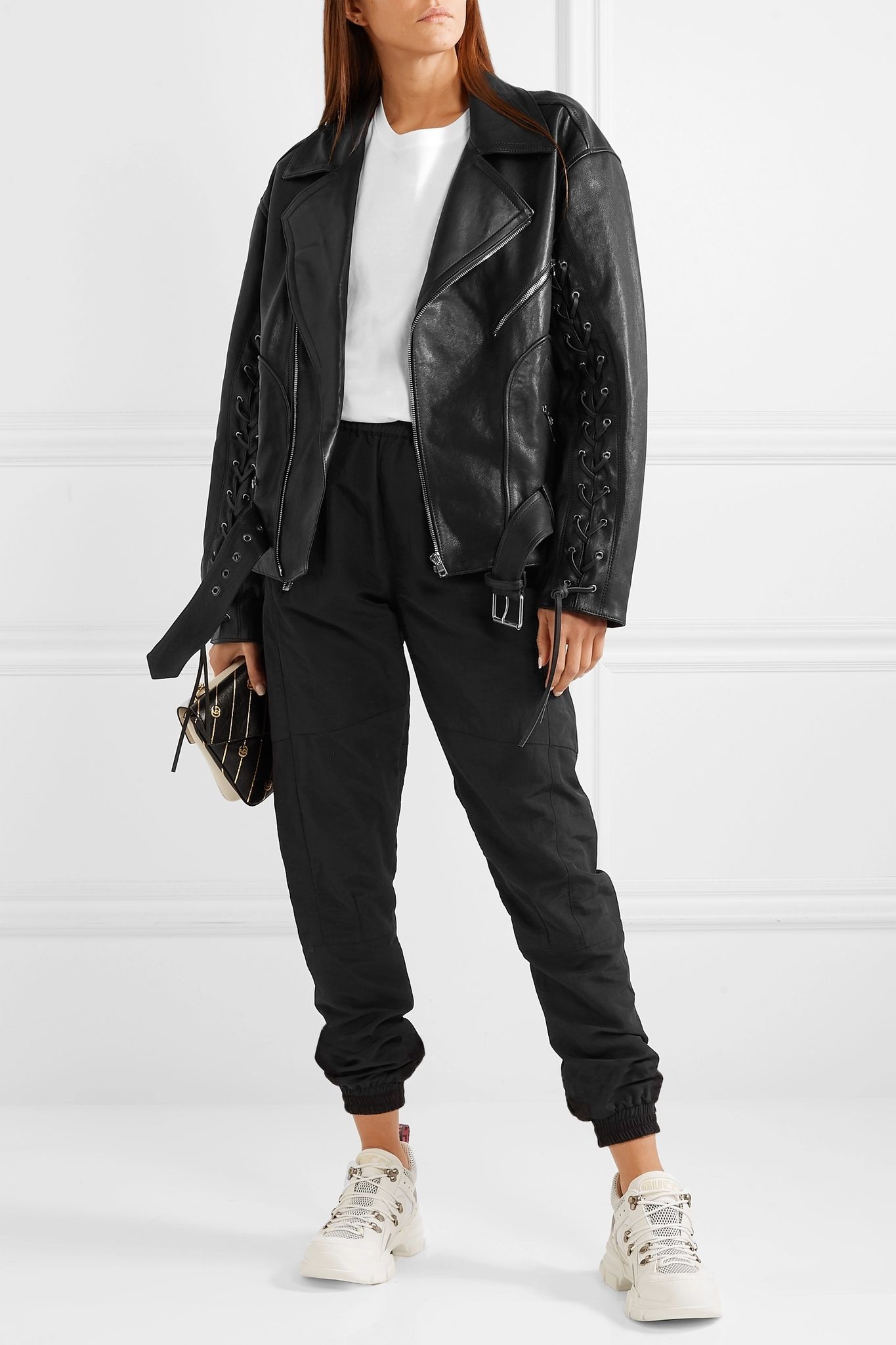 Oversized lace-up painted leather biker jacket - 2