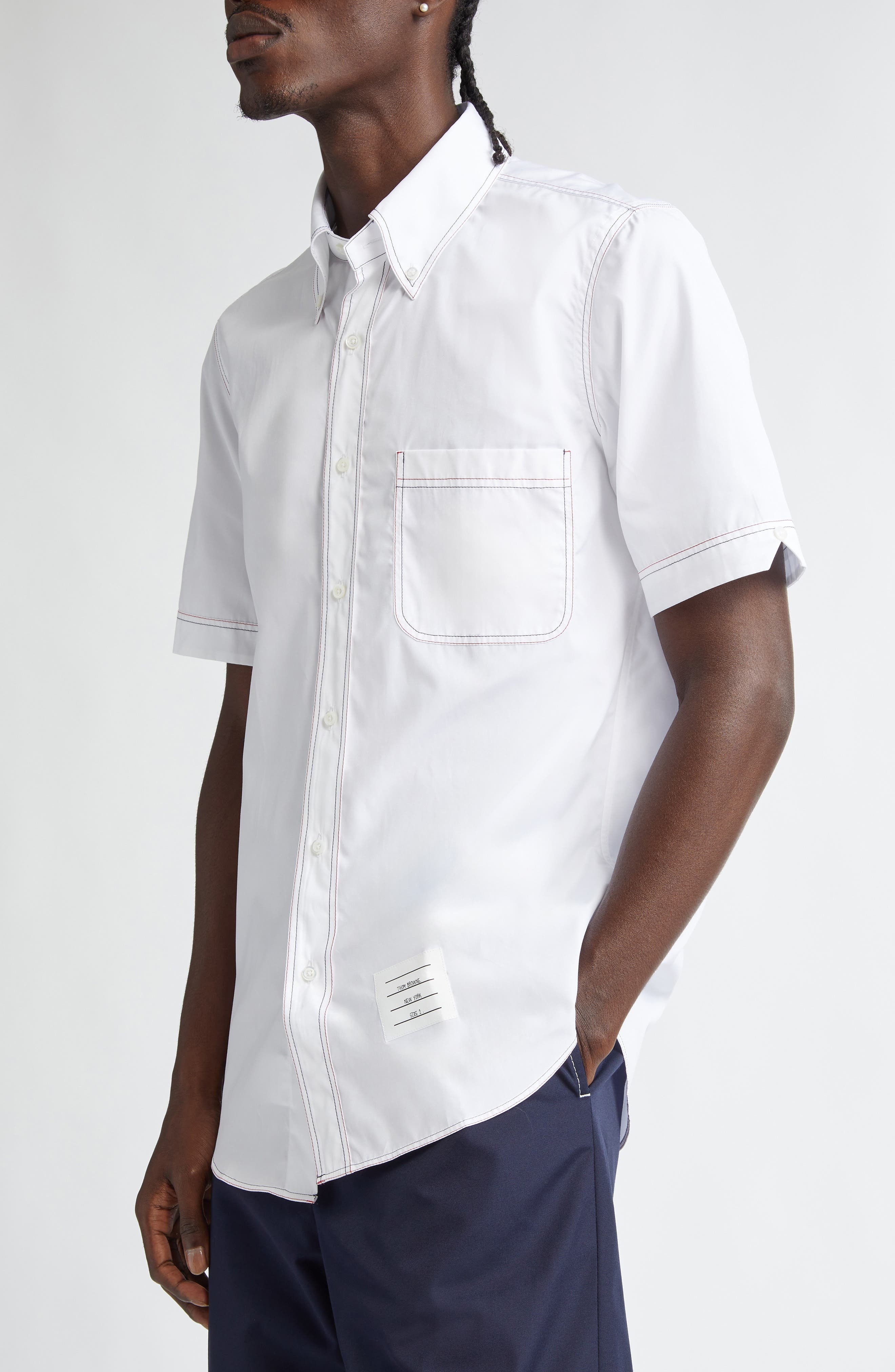 Thom Browne Straight Fit Short Sleeve Cotton Poplin Button-Down Shirt in White at Nordstrom - 5