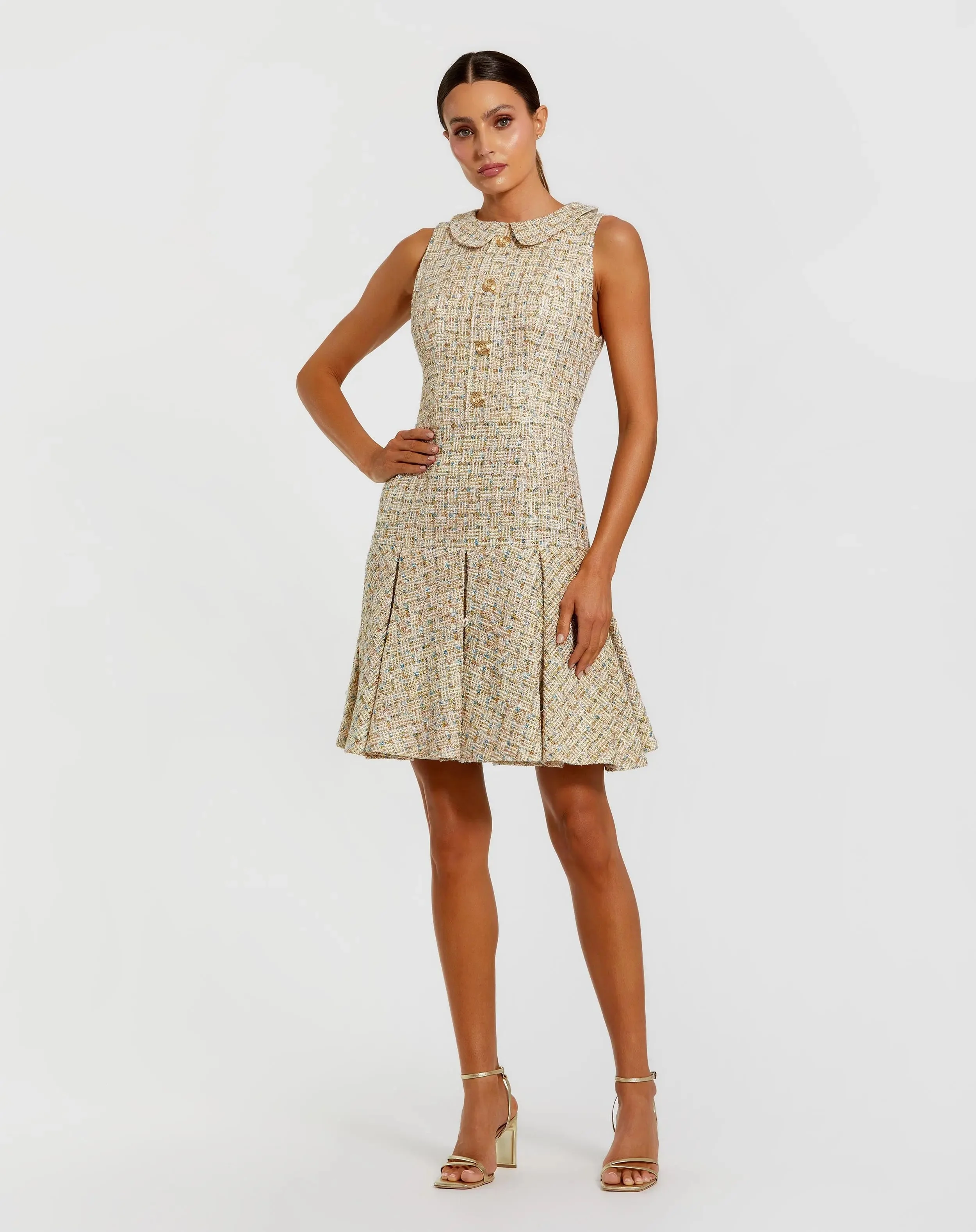 Gold Sleeveless Boucle Mini Dress with Pleats - 1