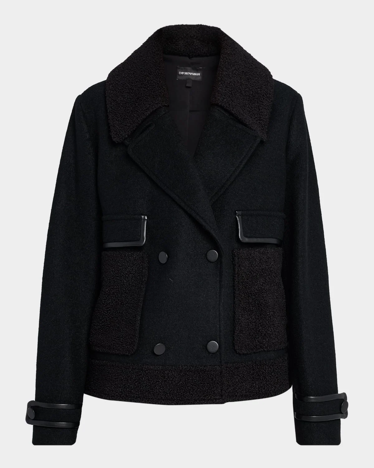 Double-Breasted Peacoat with Faux Leather Trim - 1