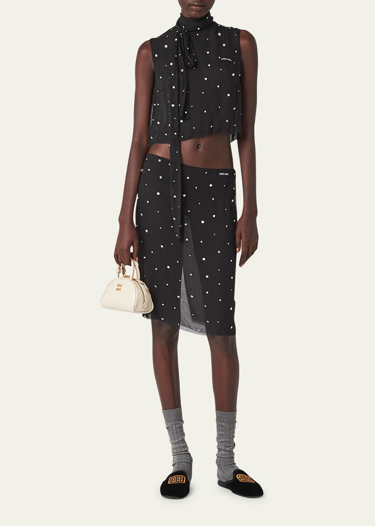 Crystal Chiffon Scarf-Neck Cropped Top - 2