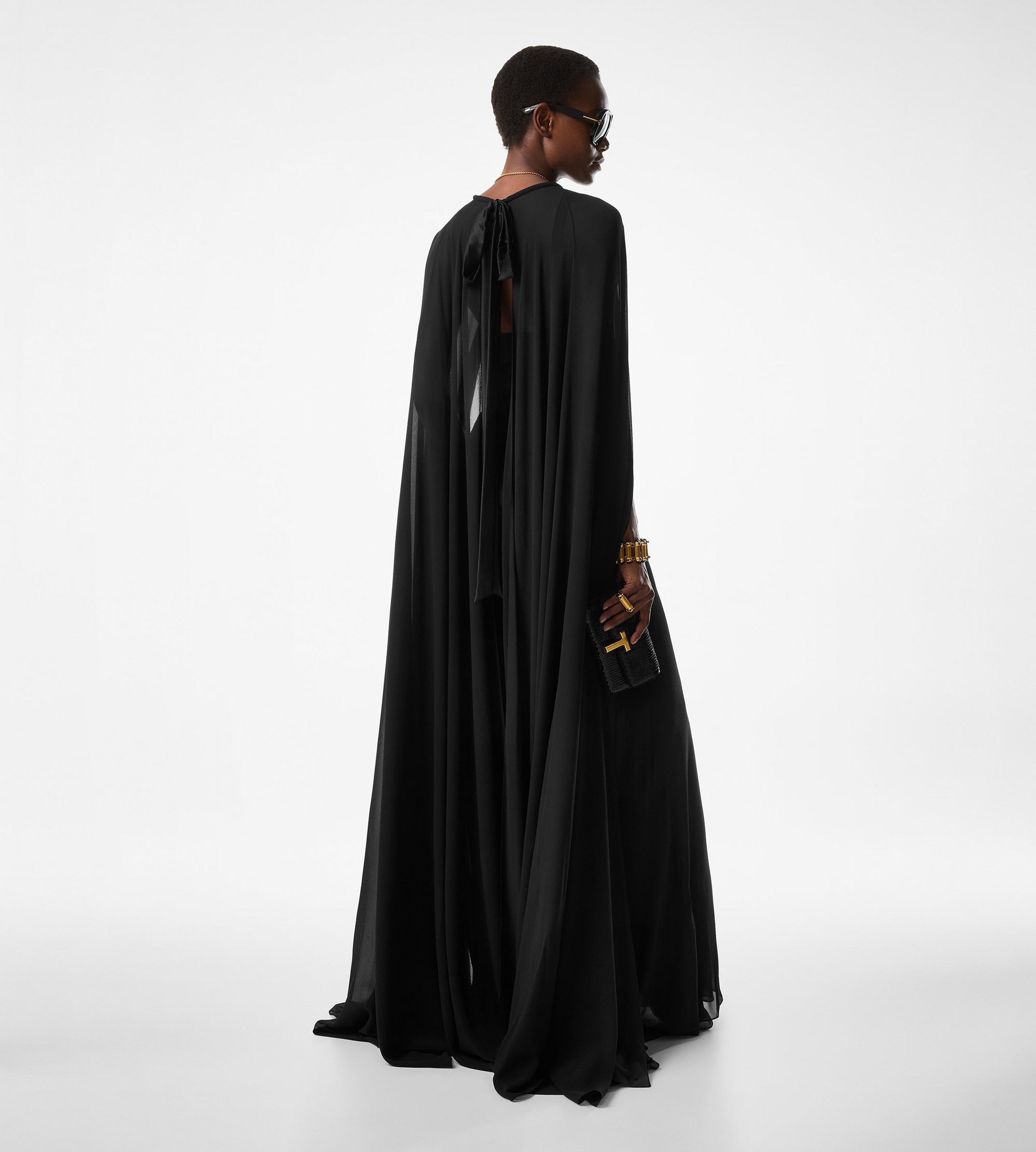 EVENING DRESS WITH KEYHOLE NECKLINE AND LONG CAPE SLEEVES - 4