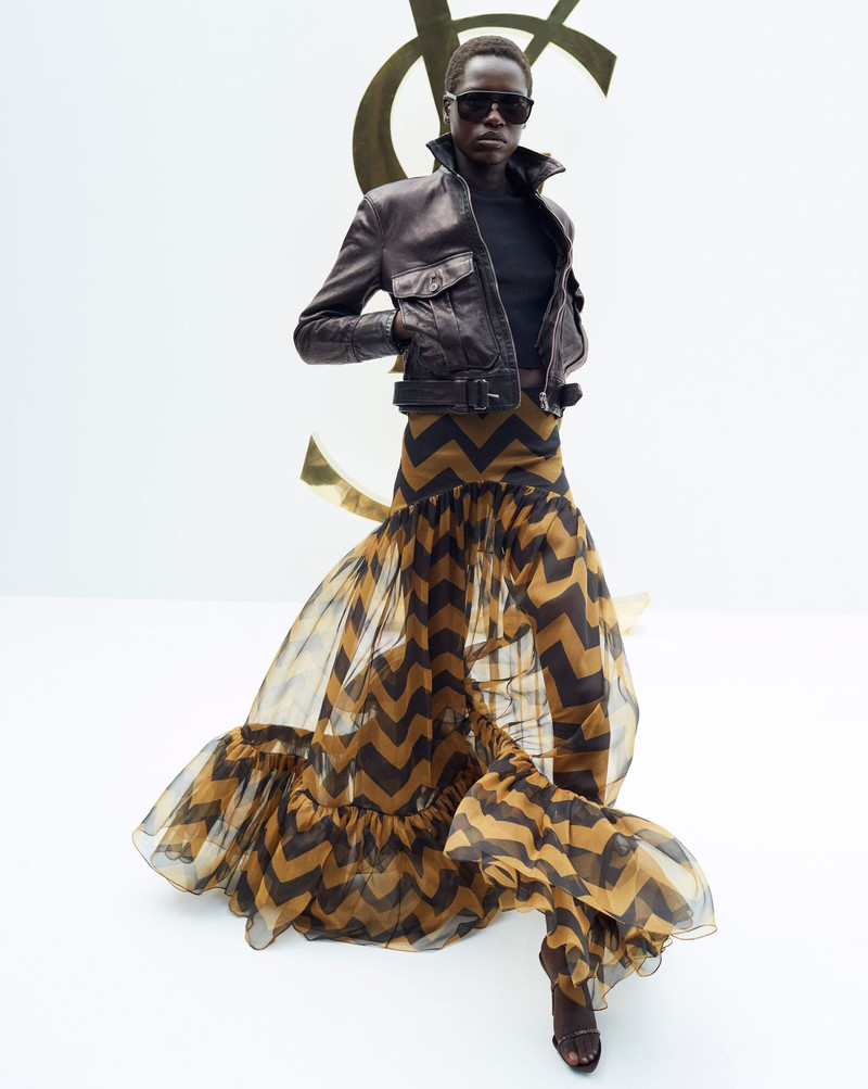 SAINT LAURENT chevron-print semi-sheer skirt outlook