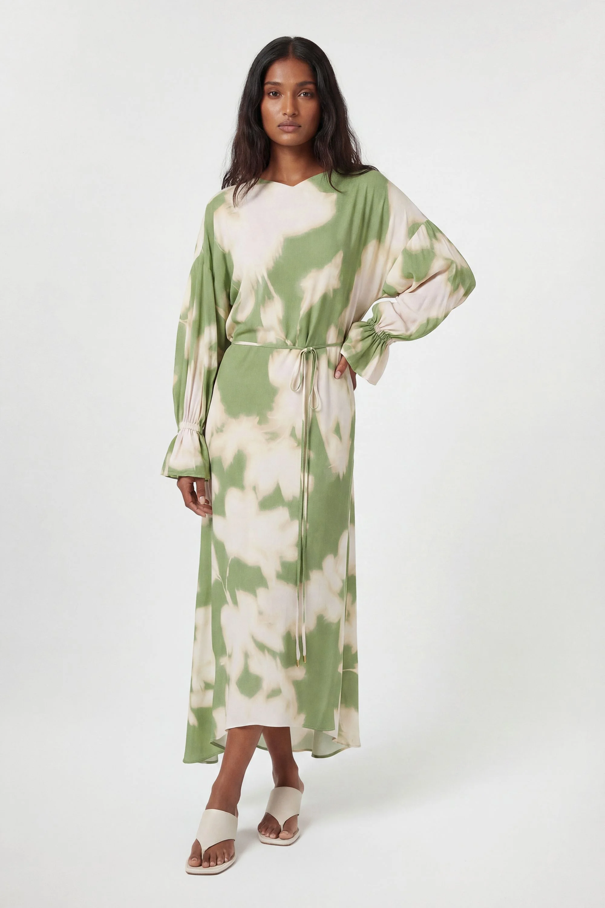 Viscose Woven Printed Cowl Neck Midi Dress - 1