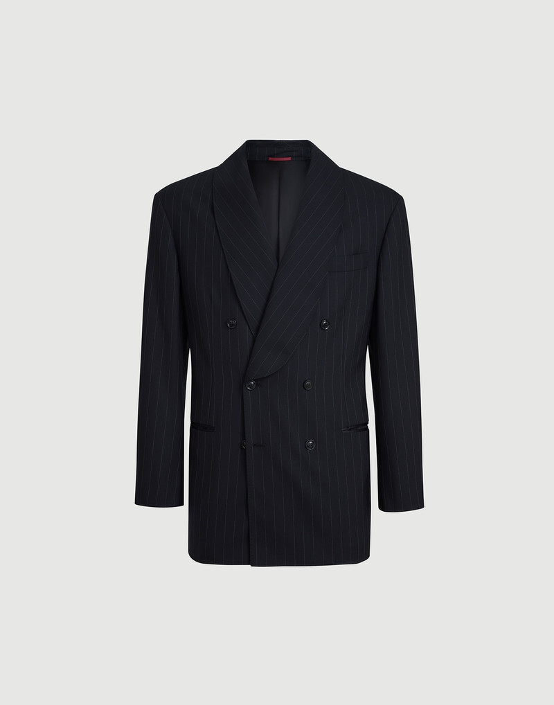 Super 150s virgin wool chalk stripe one-and-a-half breasted tuxedo jacket with shawl lapels 1