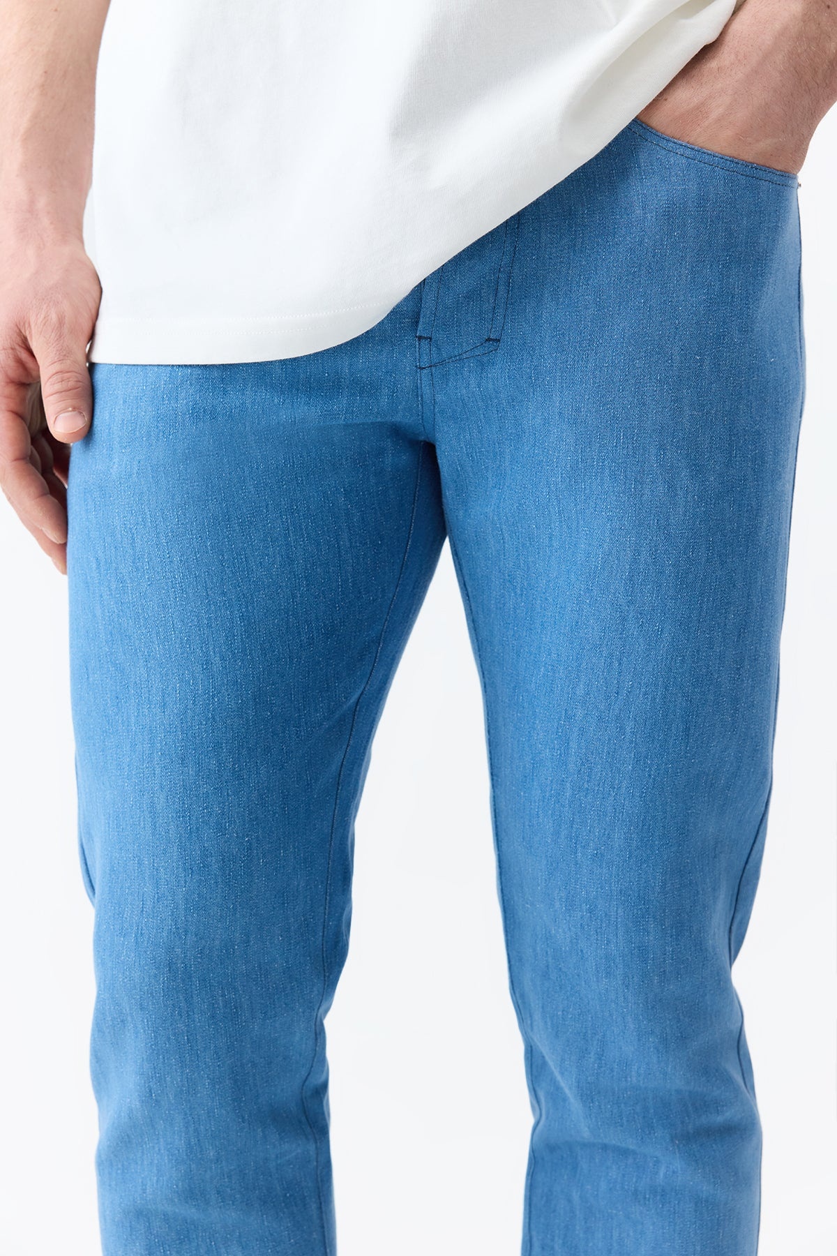 Anthony Five Pocket Pant in Light Blue Cotton Linen Denim - 6