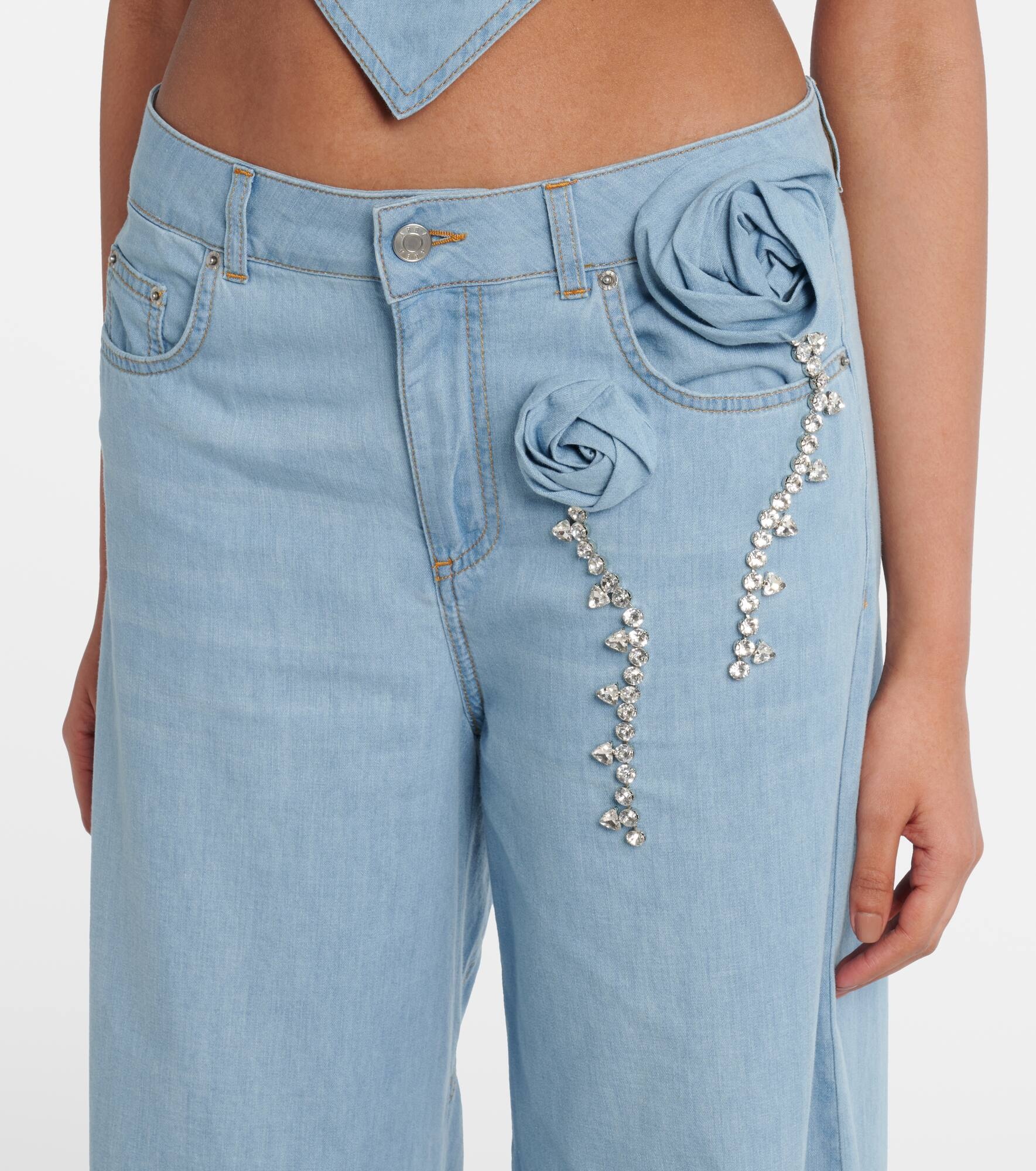 Embellished floral-appliqué wide-leg jeans - 4