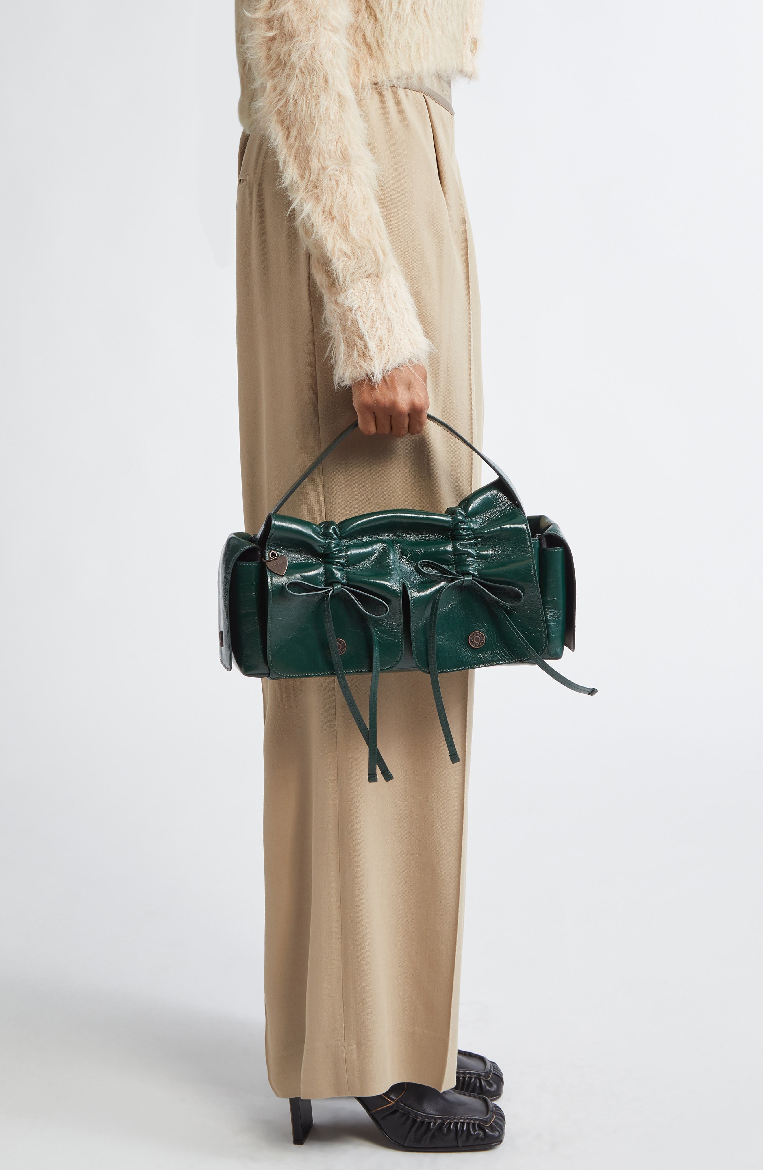 Acne Studios Multipocket Luxe Crinkle Leather Top Handle Bag in Dark Green at Nordstrom - 3