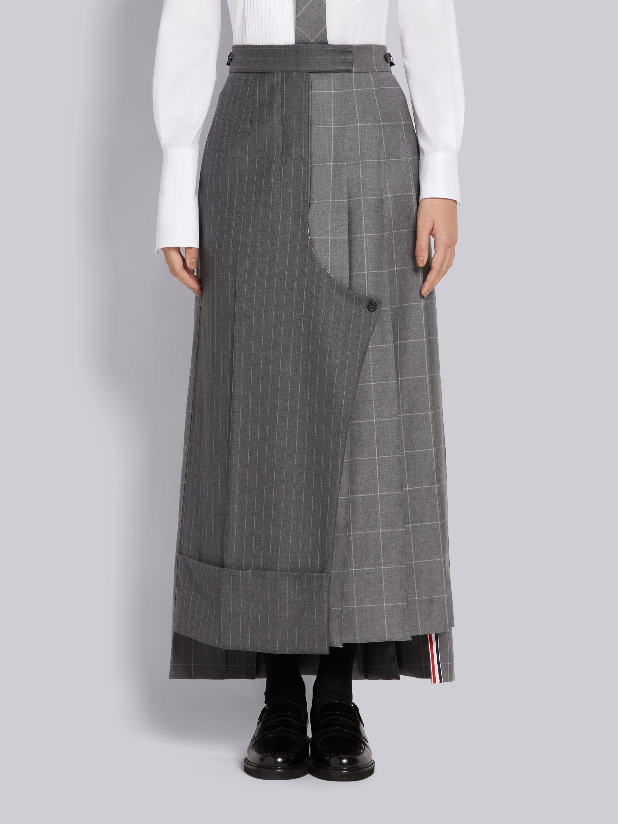 Medium Grey Pinstripe and Windowpane Wool Suiting Pleated Sack Skirt - 1