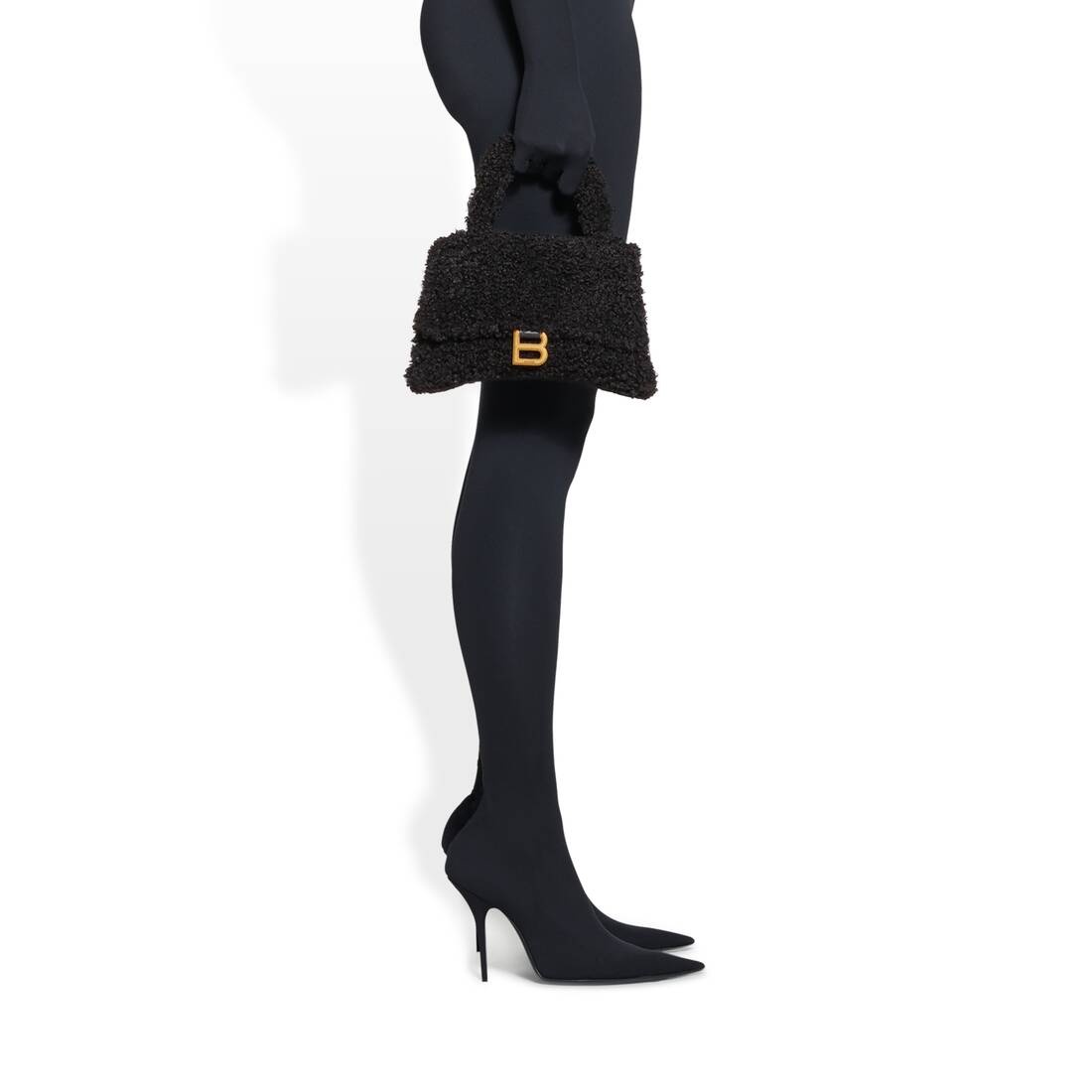 Women's Furry Hourglass Small Handbag With Strap in Black - 3