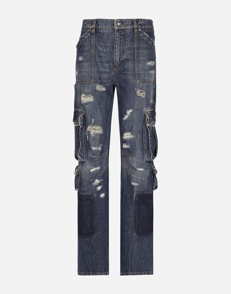 Denim cargo jeans with rips - 1